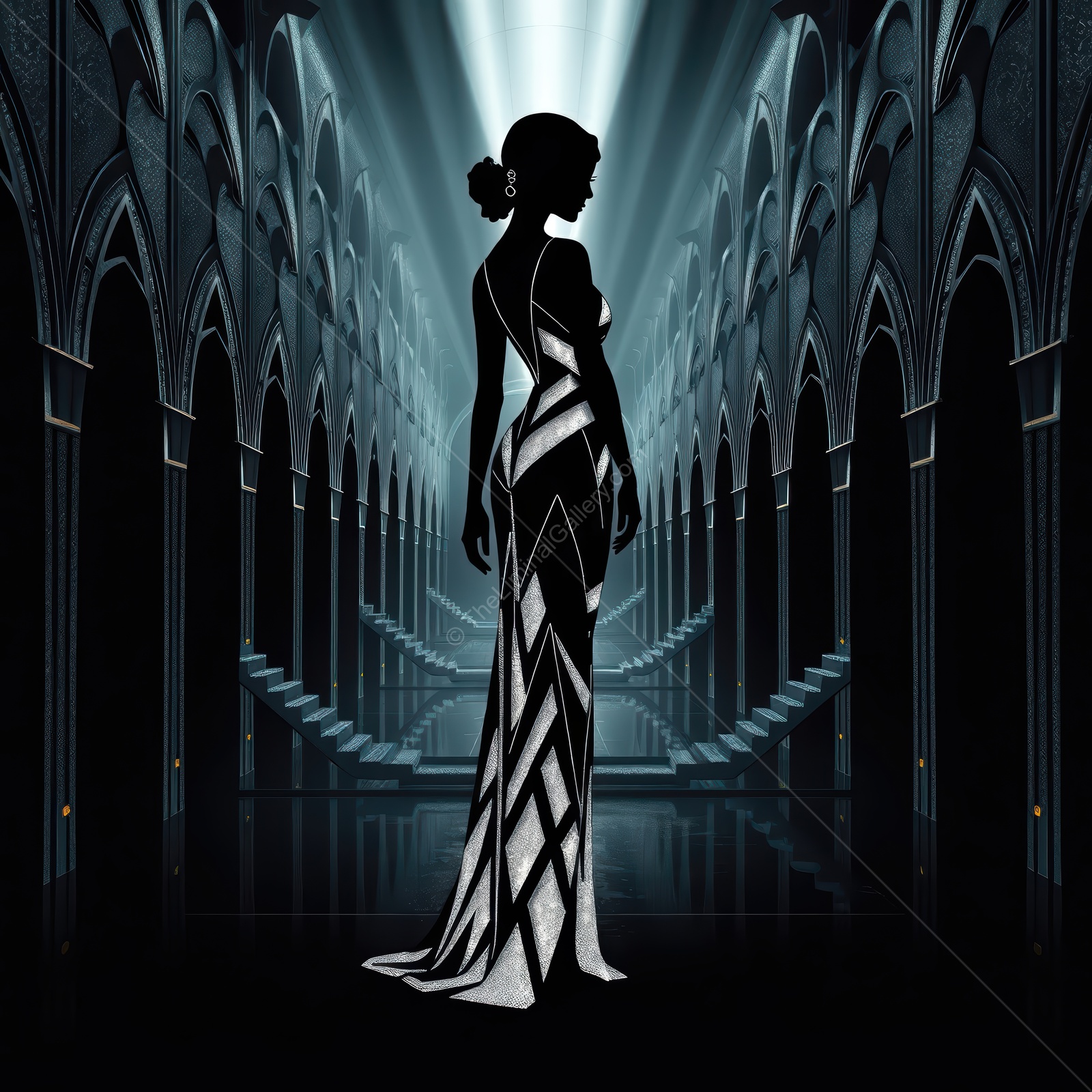 Elegant silhouette in an Art Deco hall showcasing sophistication and style amid dramatic lighting