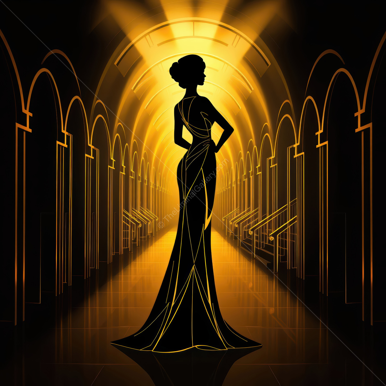 Elegant silhouette in an Art Deco hall, showcasing timeless fashion and dramatic lighting from a bygone era of sophistication and style