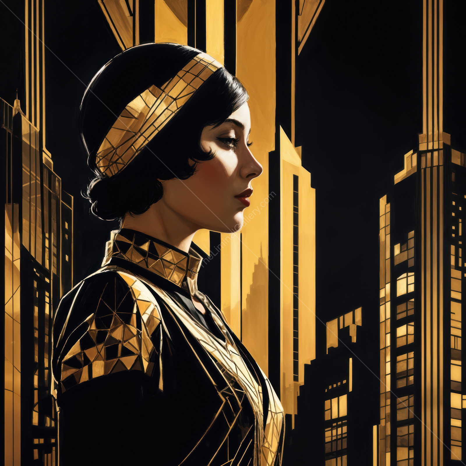 Elegance in the city skyline with an art deco lady in a golden dress during a nighttime glow