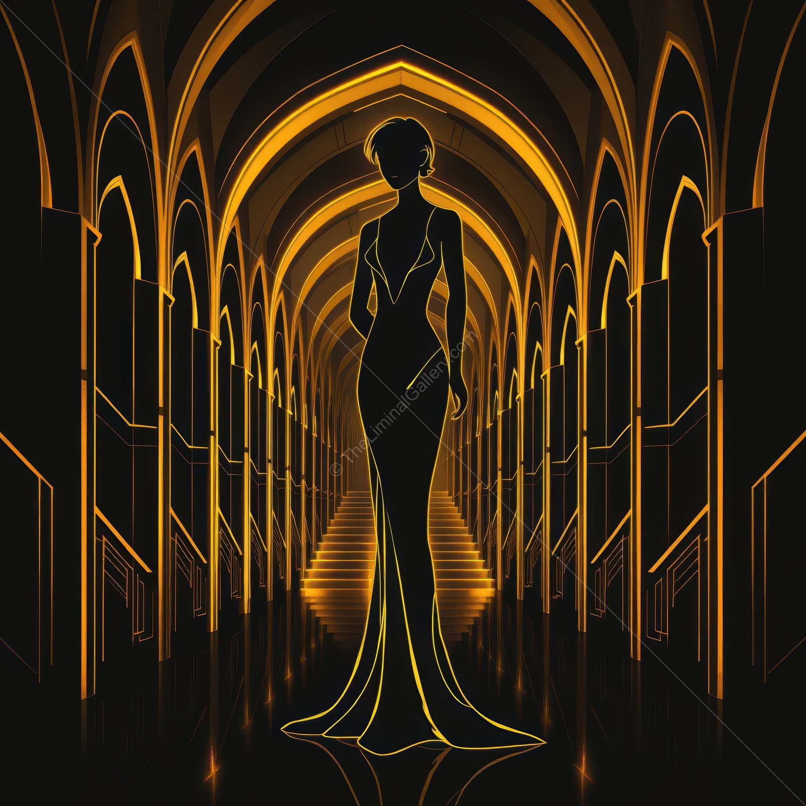 Elegant Art Deco silhouette in a luxurious hall illuminated by warm light, embodying sophistication and style in a timeless design