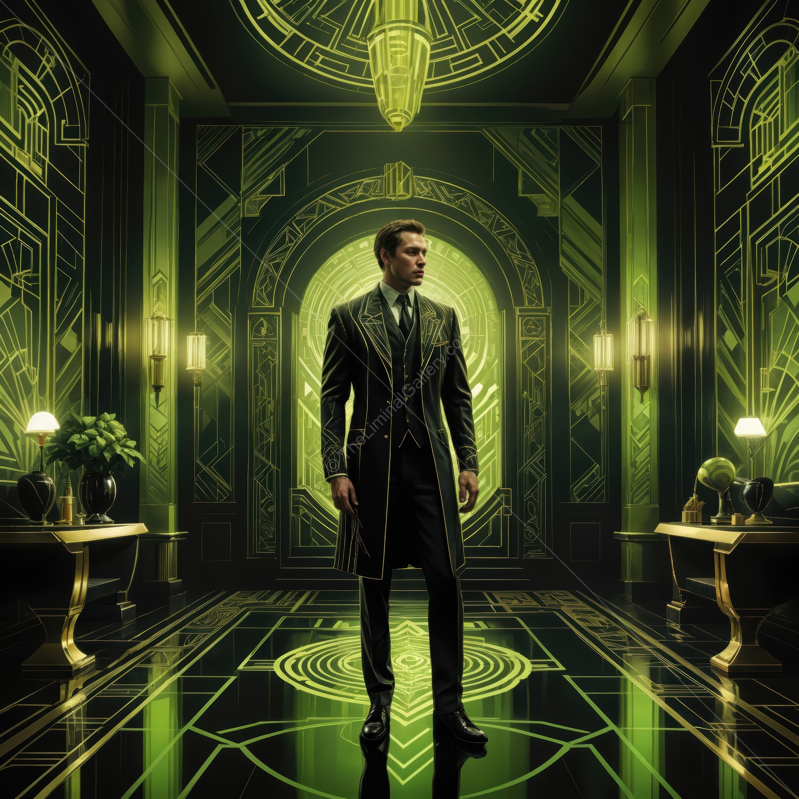 Elegant figure stands confidently in a stunning Art Deco room with vibrant green lights and intricate geometric patterns