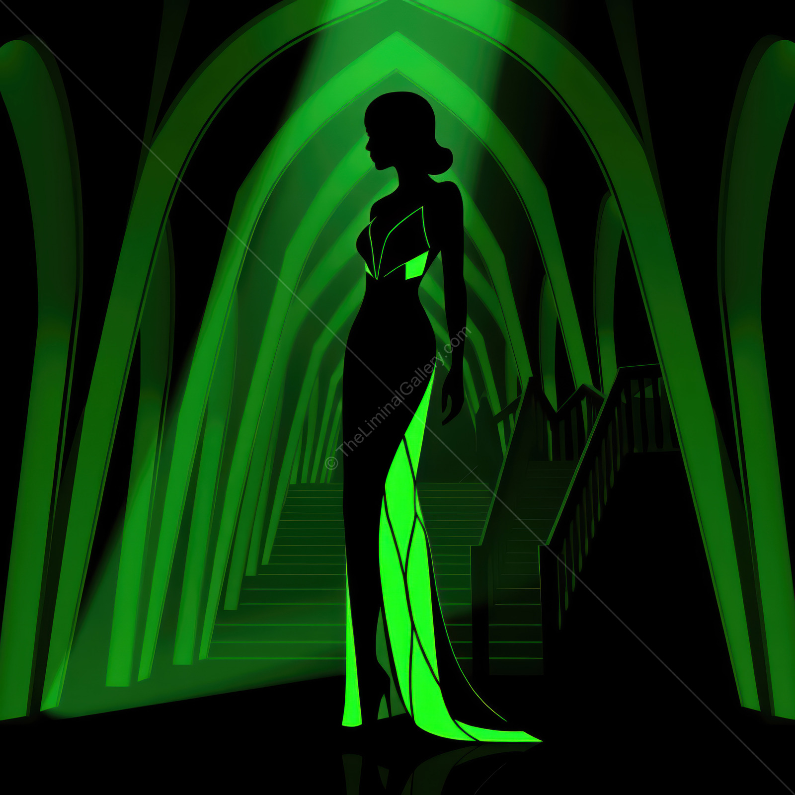 Elegant Art Deco silhouette in glowing green light against an architectural backdrop