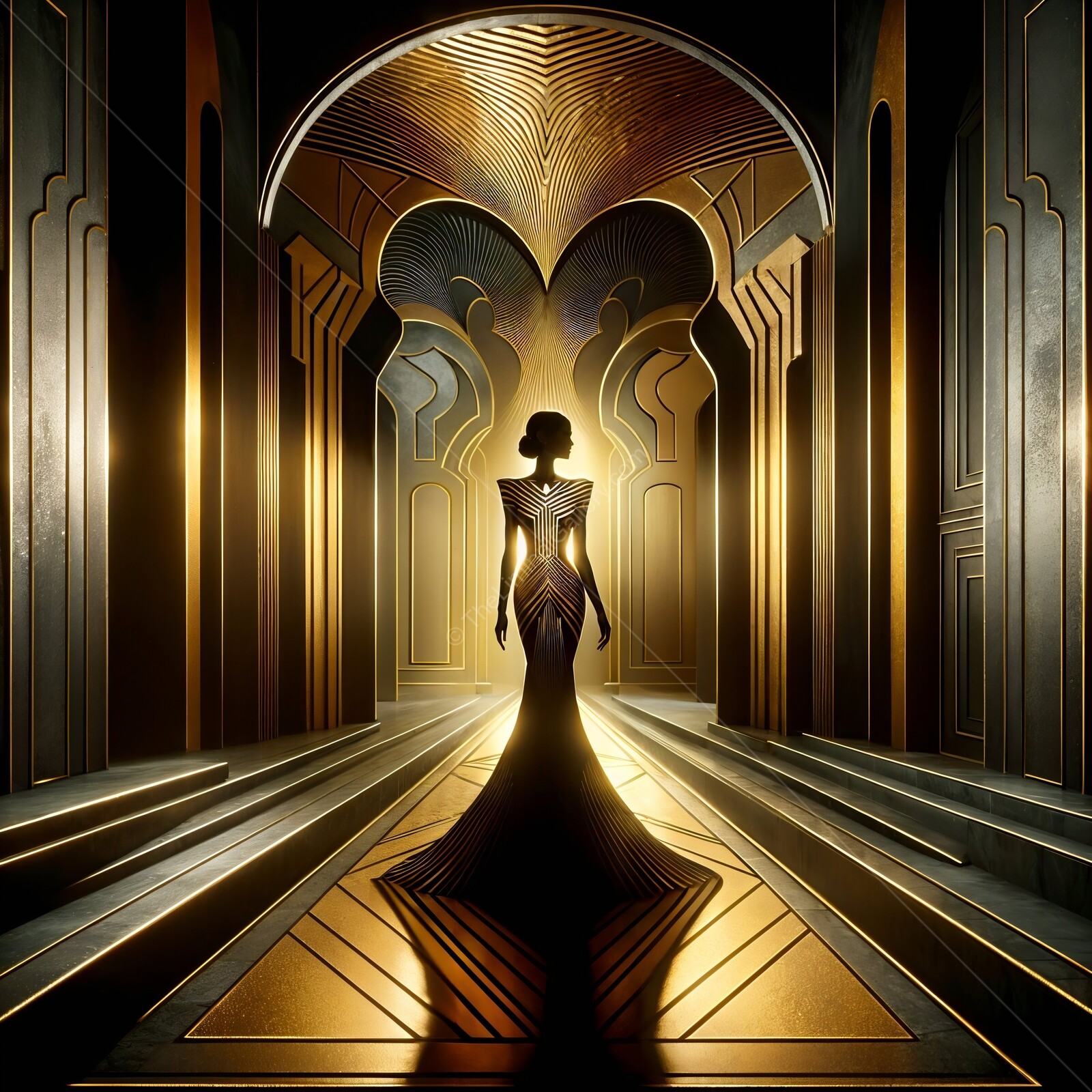 Elegant art deco silhouette stands in a grand, golden-lit architectural space radiating a mystical atmosphere