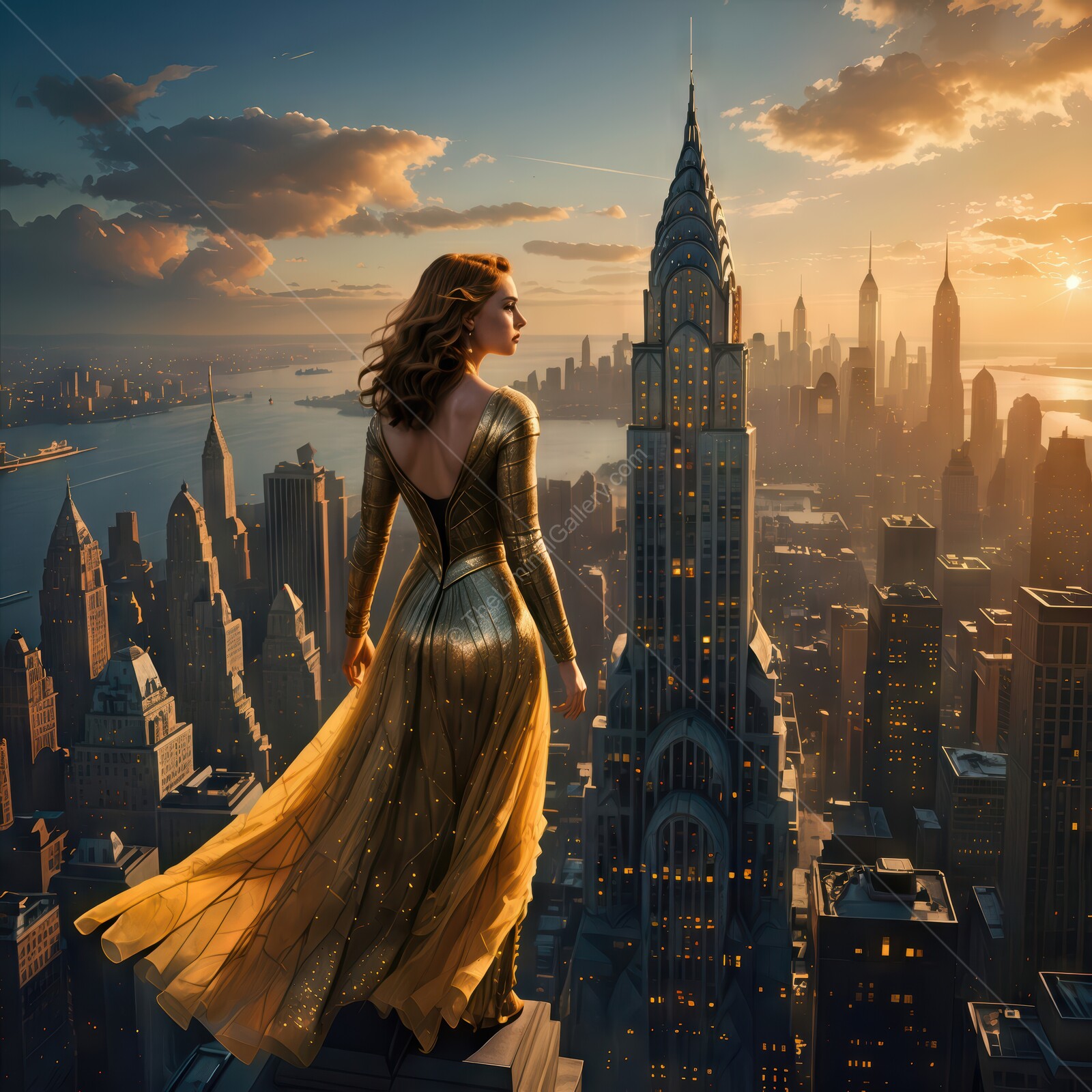 Beautiful golden deco figure gazes over a stunning New York skyline at sunset