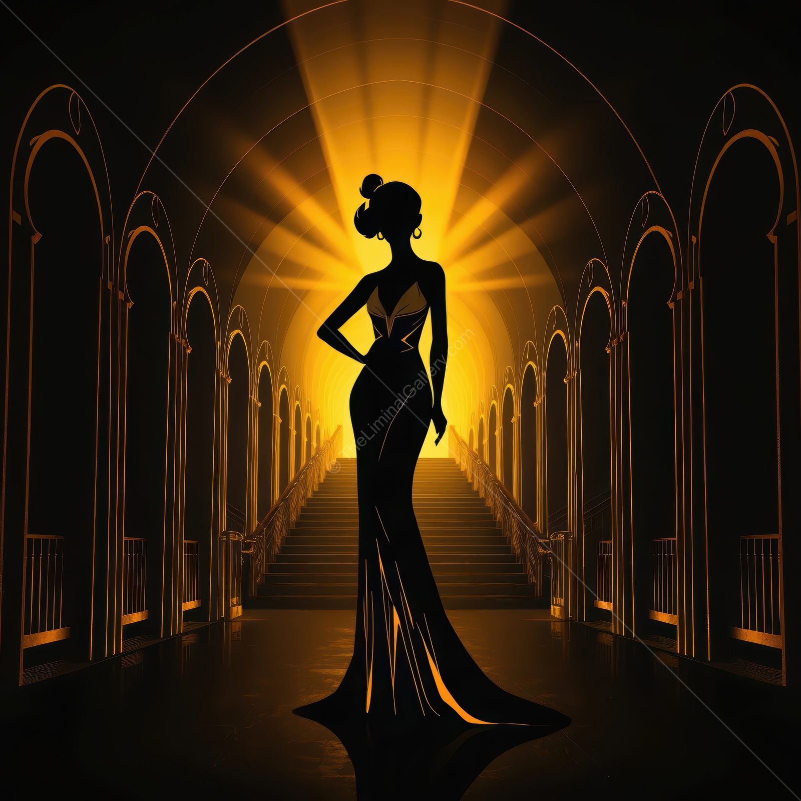 Glamorous Art Deco silhouette stands in a grand staircase, illuminated by golden light in an elegant atmosphere of the 1920s