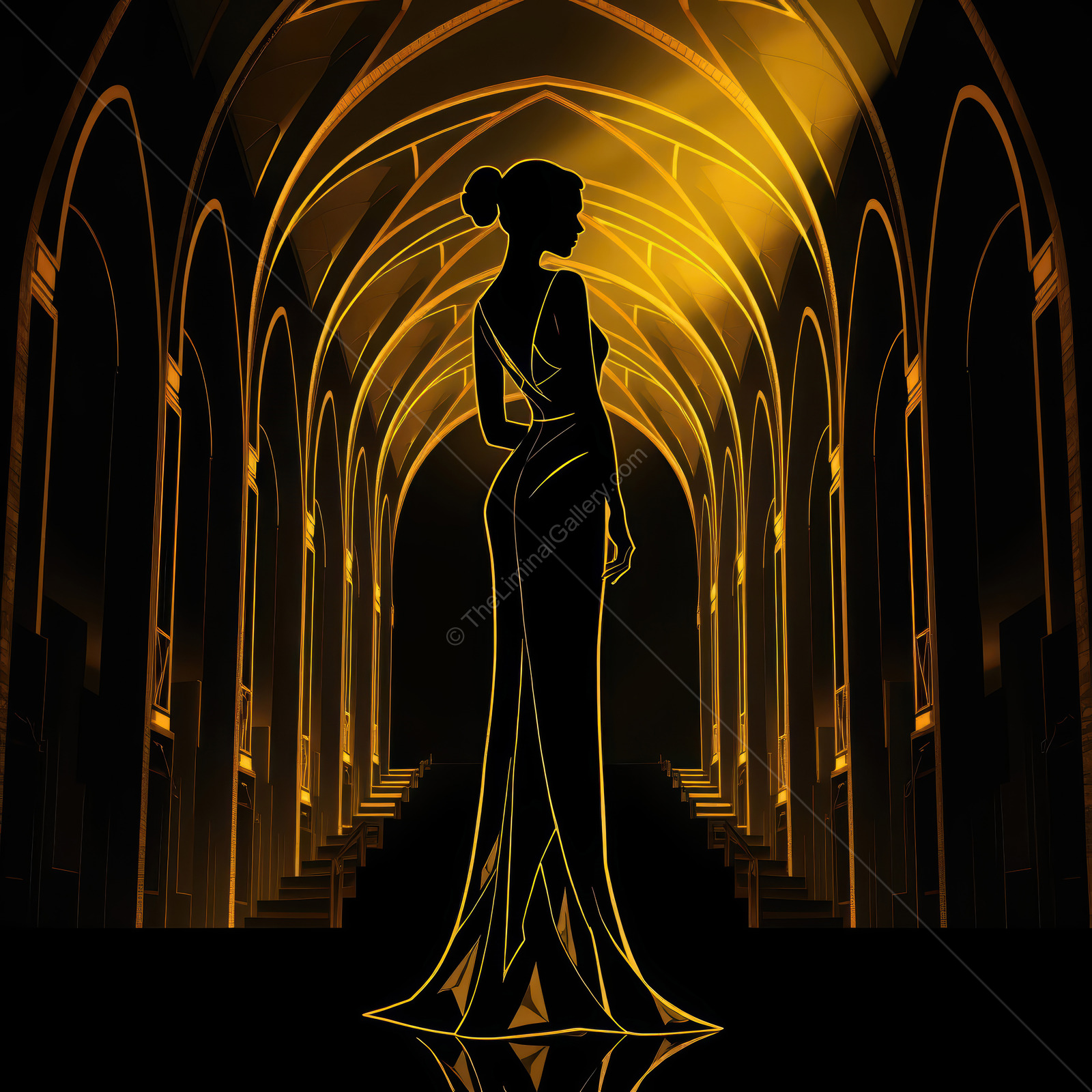 Elegance and glamour in an art deco setting with a stunning silhouette and golden ambiance
