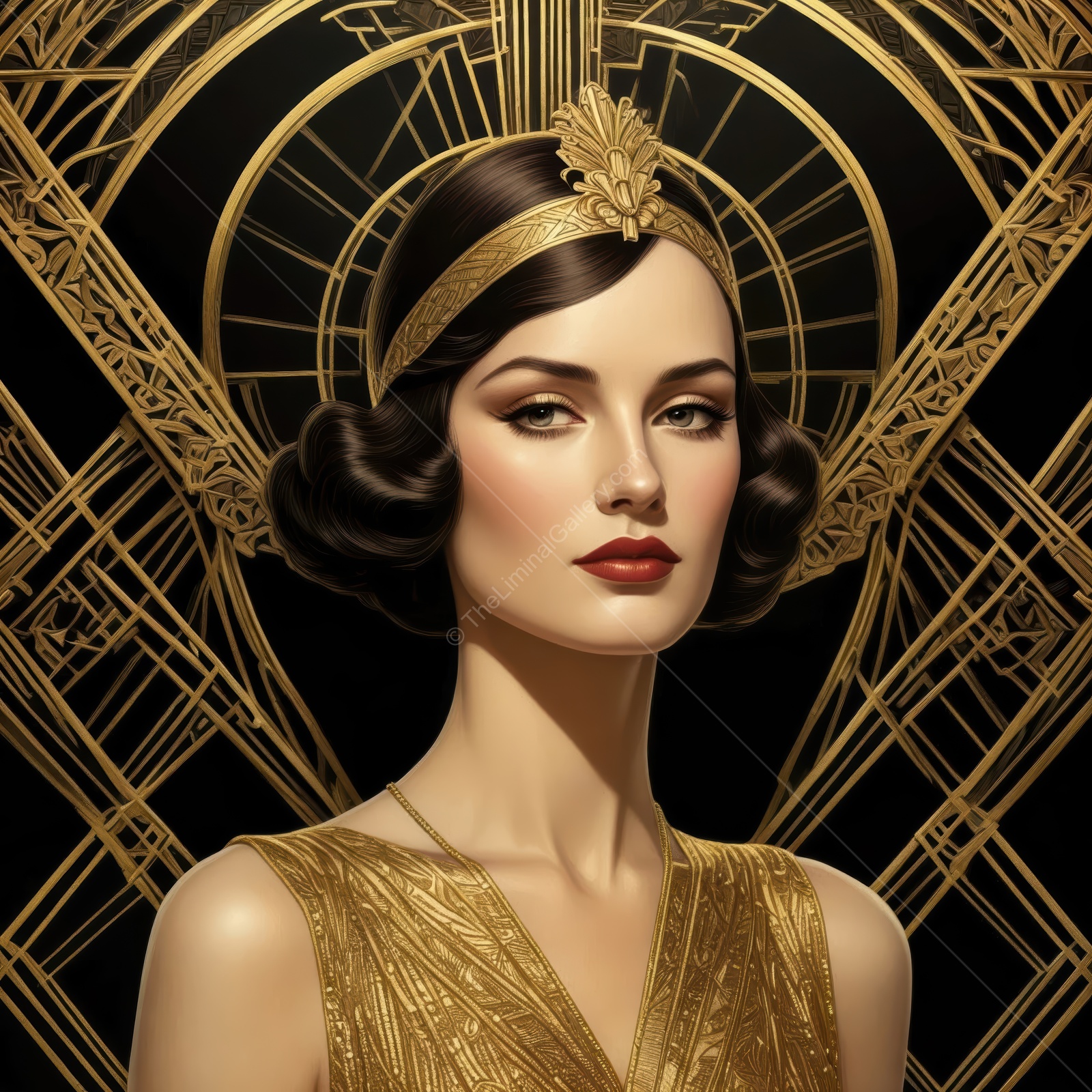 Elegant woman in vintage fashion showcases the glamour of Art Deco style with intricate gold patterns and striking details
