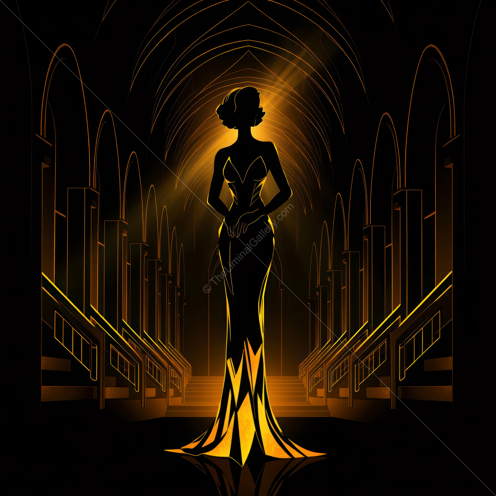 Elegant silhouette of a woman in an Art Deco setting, showcasing timeless beauty and style amidst a grand architectural backdrop