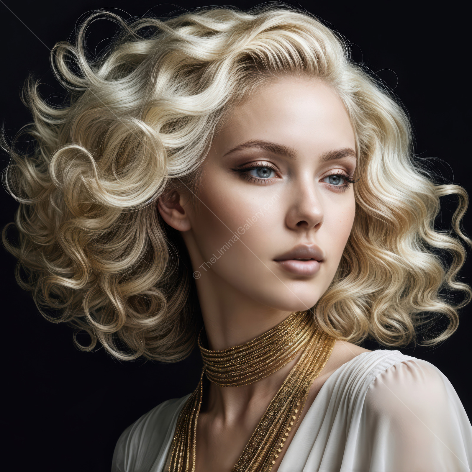 Elegant deco woman with voluminous curls showcasing timeless beauty in a dramatic portrait