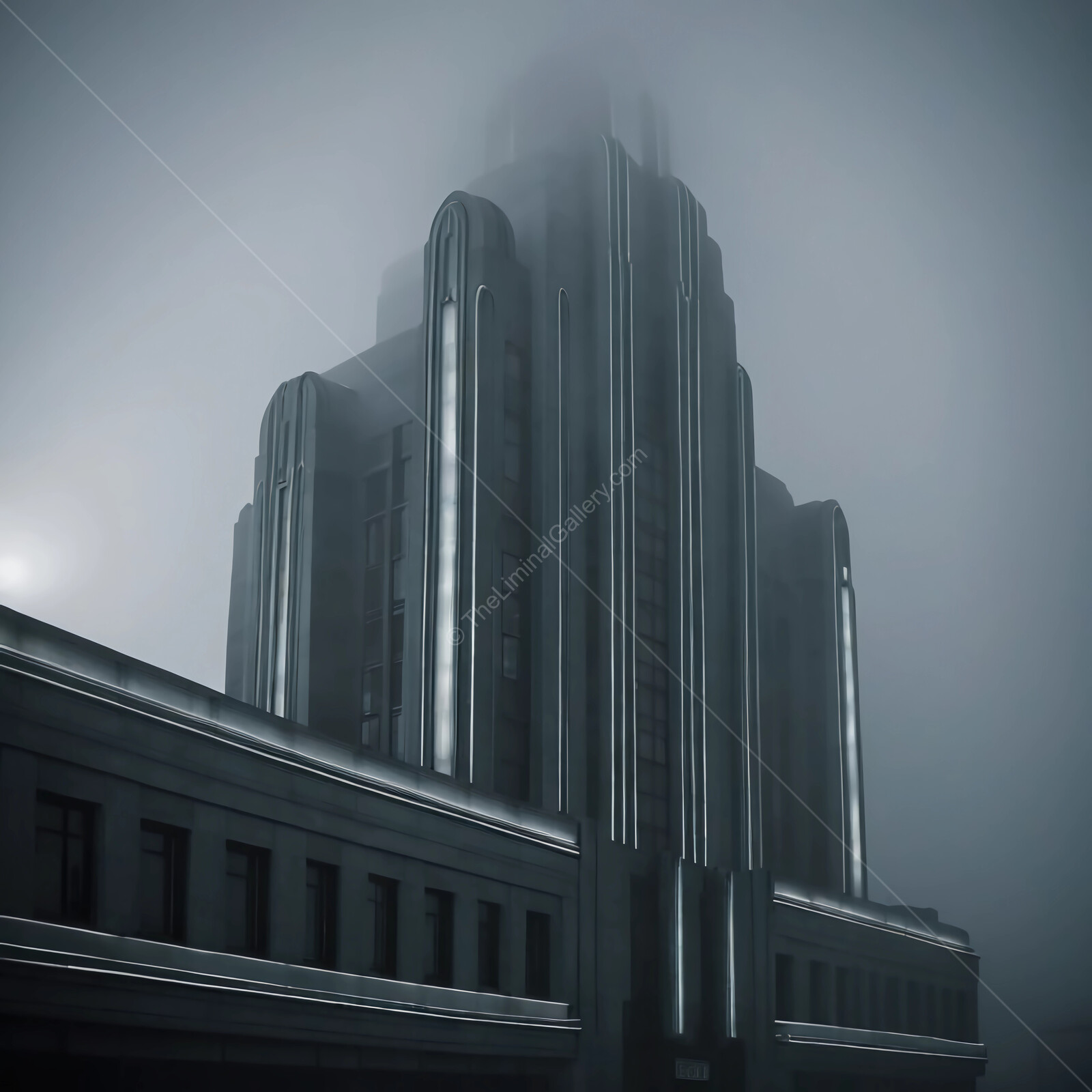 City skyline shrouded in fog with art deco architecture illuminated at twilight