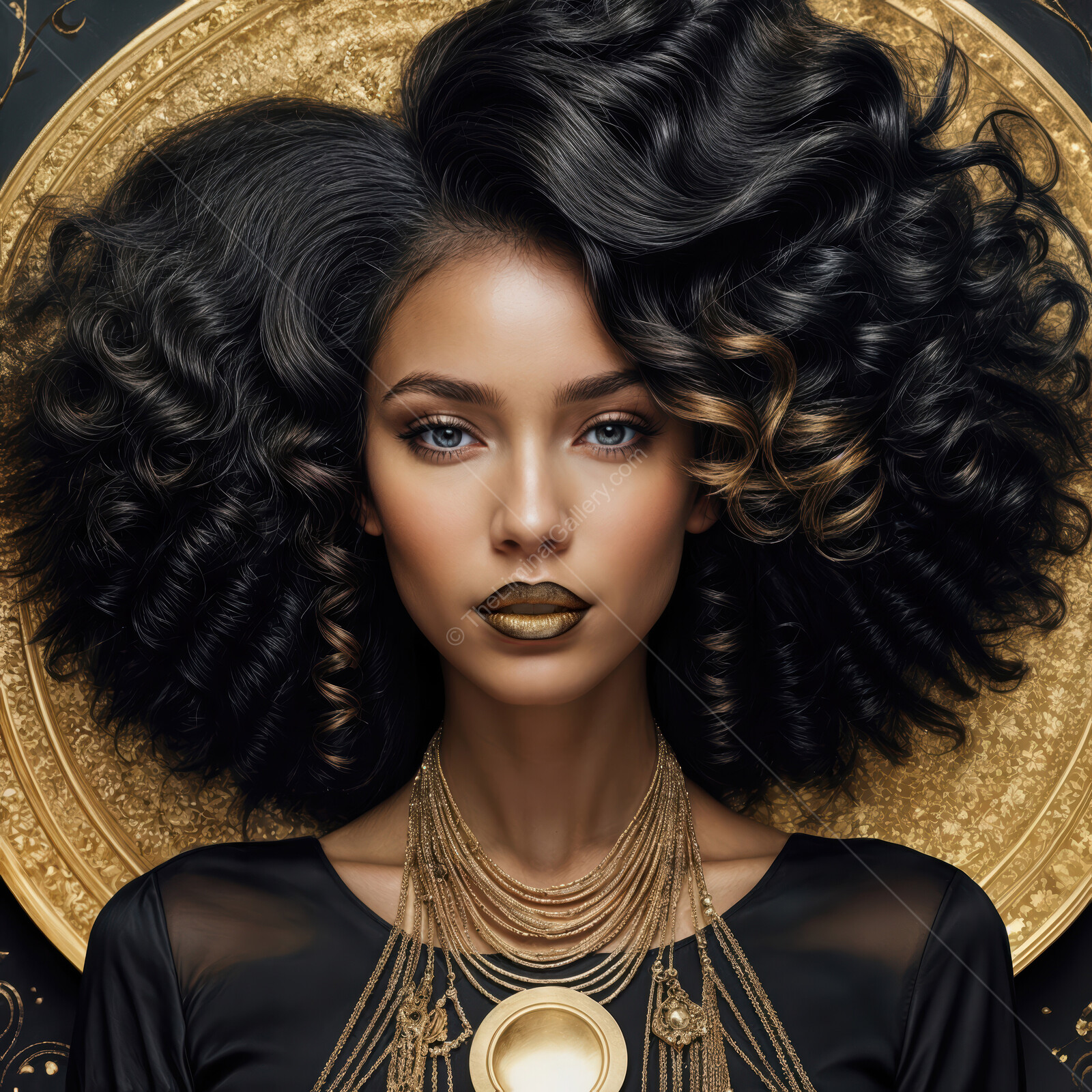 Captivating deco beauty exudes confidence with striking curls and bold accessories in a golden atmosphere