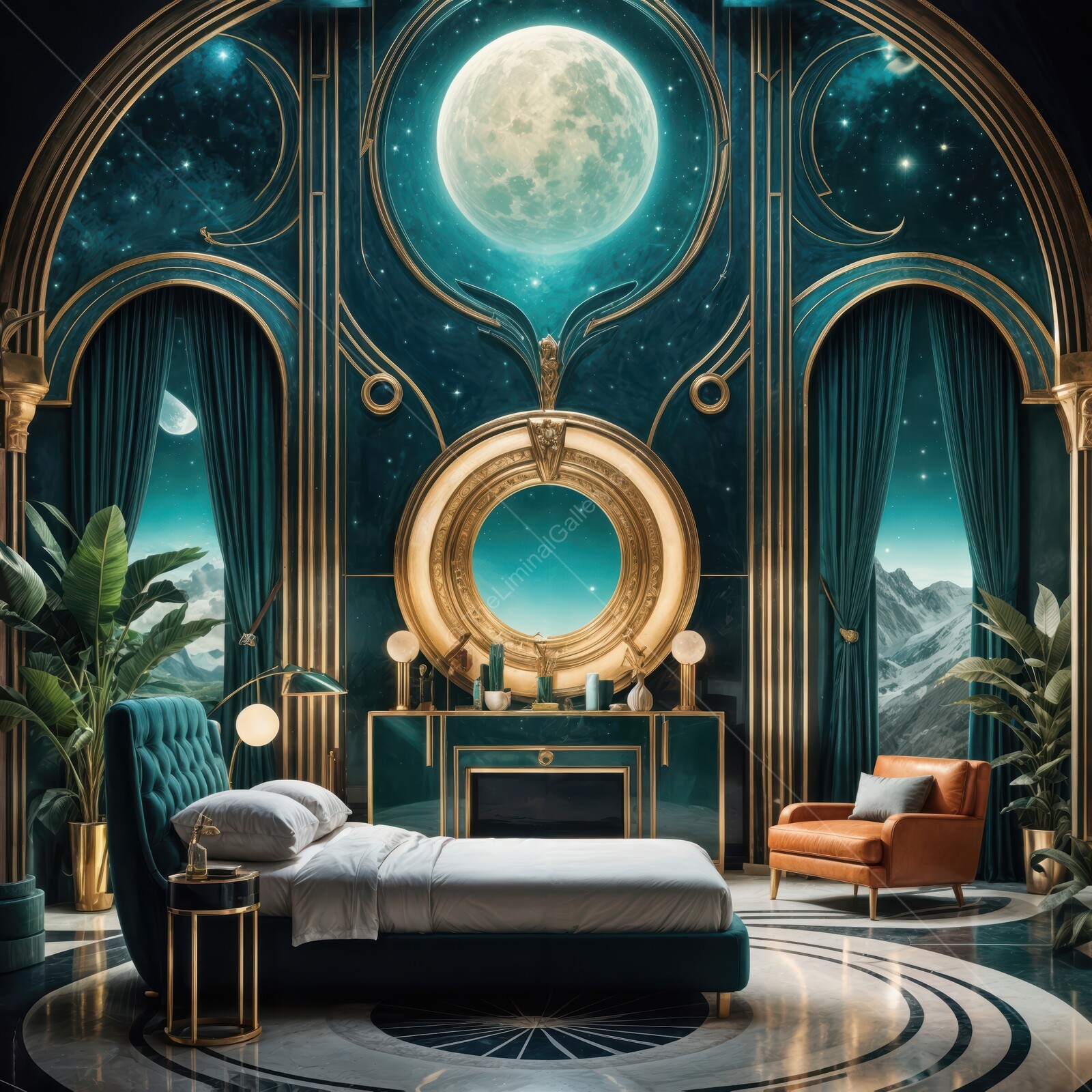 Dreamy celestial, art deco bedroom design blending elegance with cosmic elements in tranquil hues