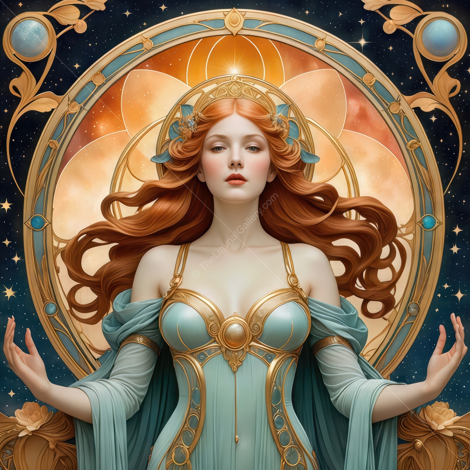 Ethereal woman adorned in celestial attire amidst a cosmic backdrop captivates with serene beauty