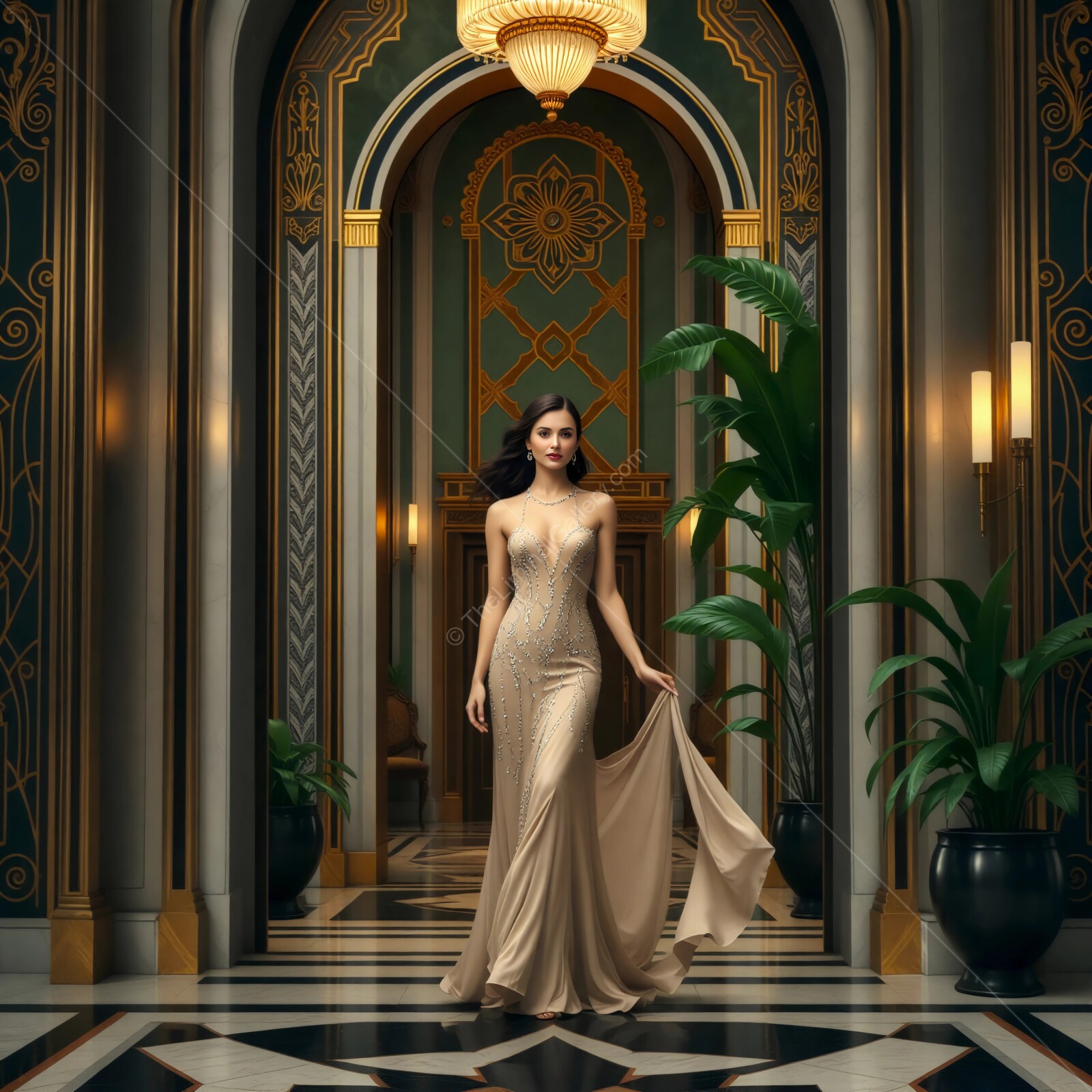 Deco elegance shines through an opulent corridor as a poised figure walks in a stunning gown