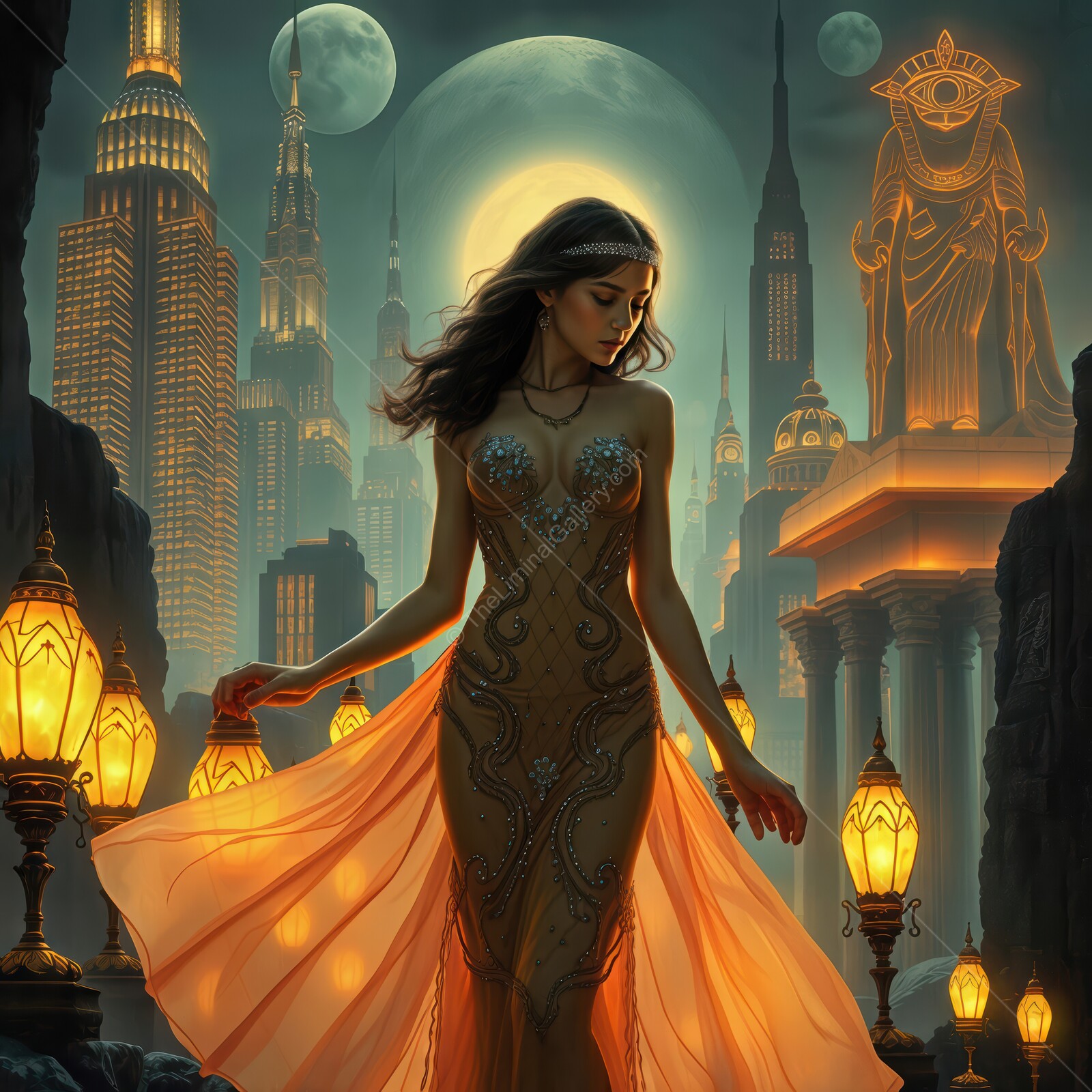 Enchanting Egyptian revival deco evening stroll through a mystical city under a glowing moon