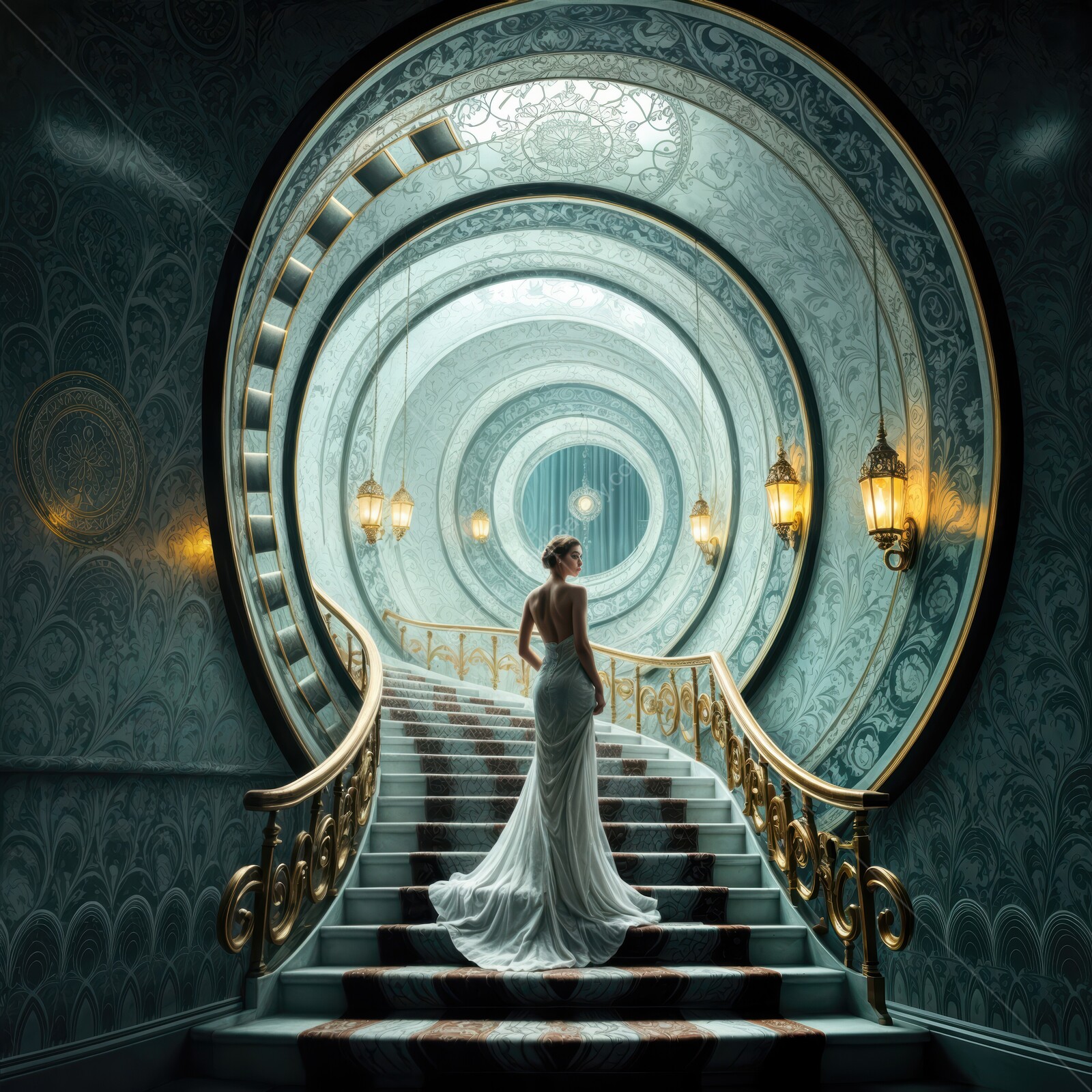 Elegant bride in stunning gown ascending a grand, warped liminal spiraling staircase at twilight