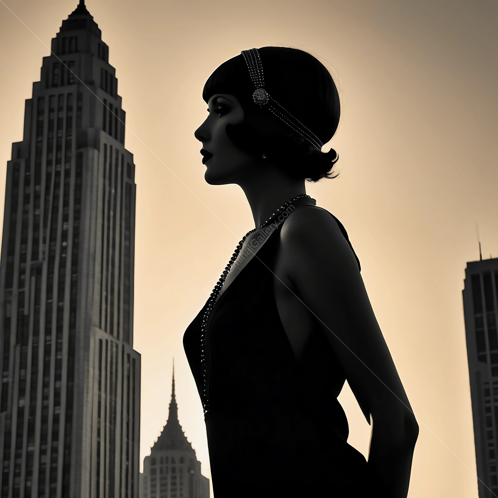 Elegant deco figure in vintage style against iconic skyline at dusk