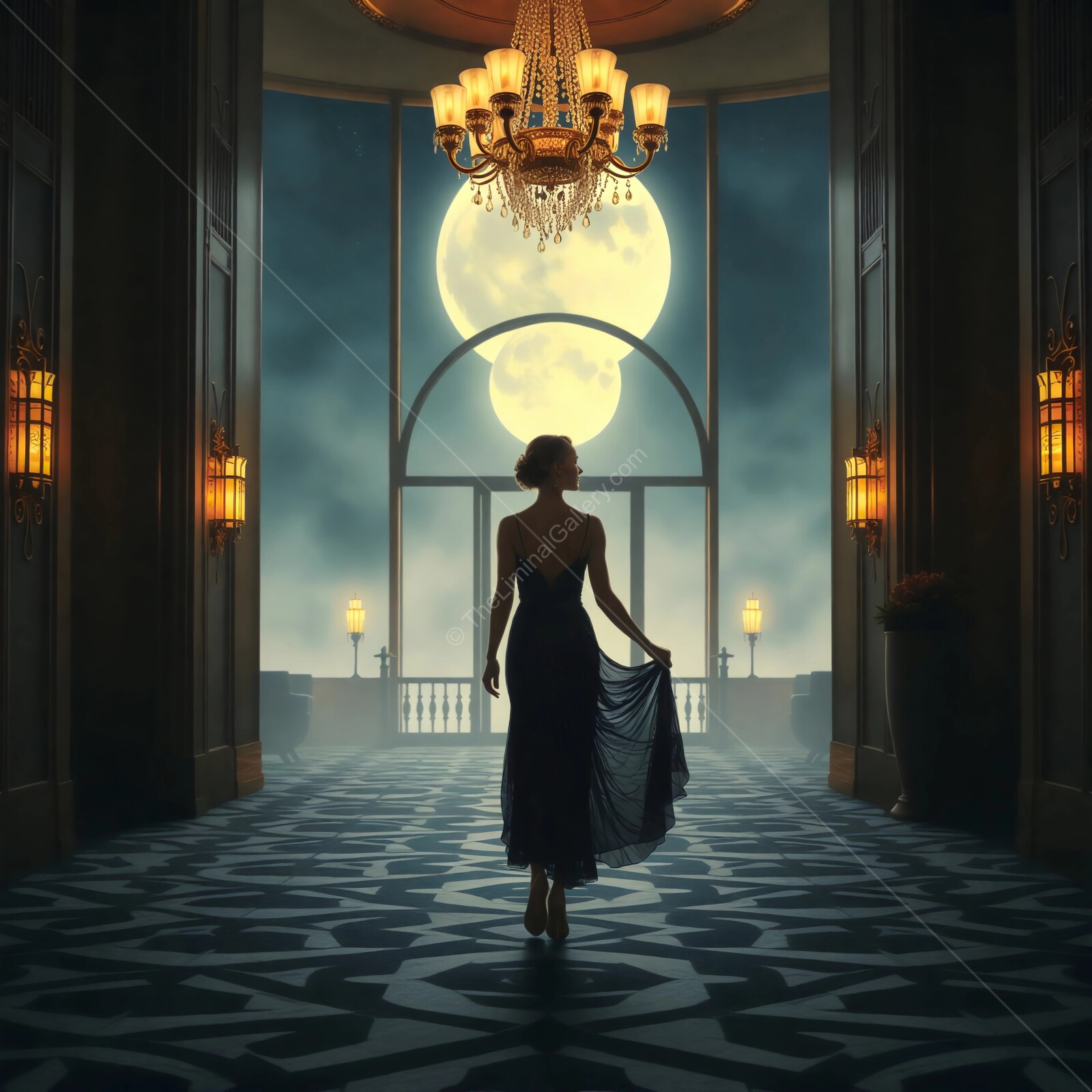Elegant deco figure gliding towards a moonlit ballroom in a luxurious setting at dusk