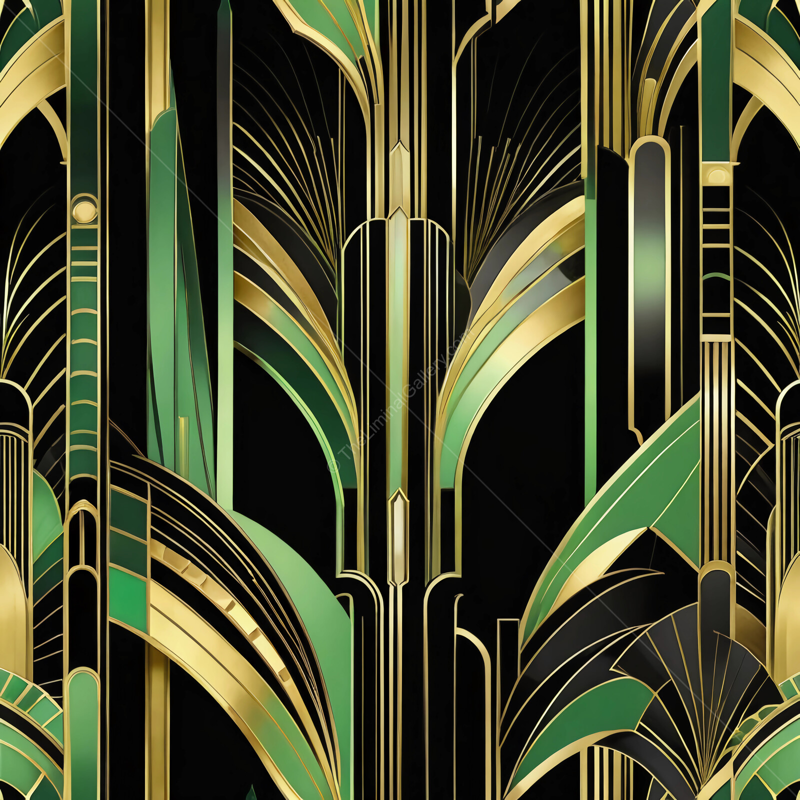 Elegant art deco pattern showcasing bold green and gold designs on a black backdrop with a luxurious feel