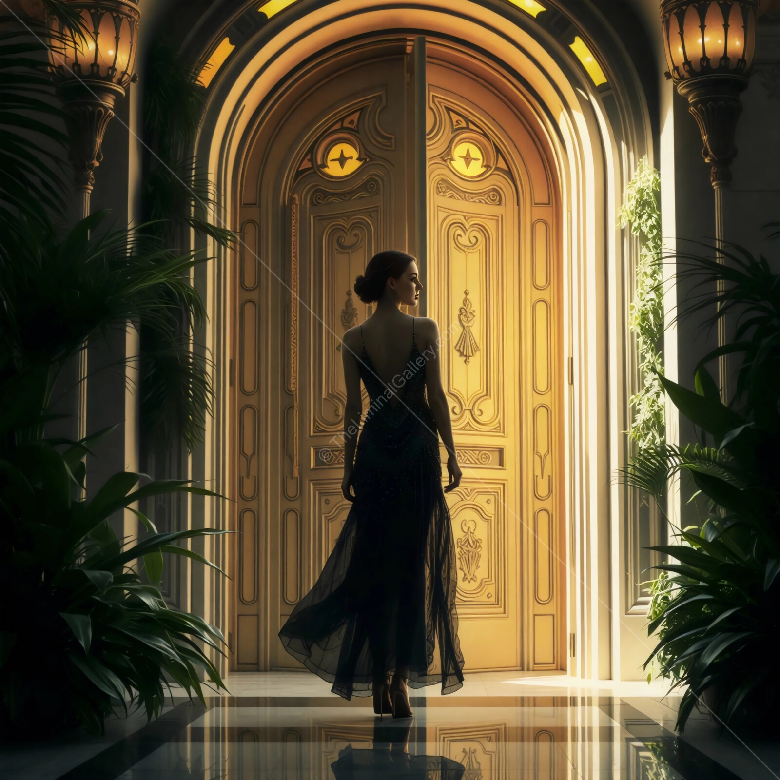Elegant deco woman in a black dress walking toward ornate golden doors at dusk surrounded by lush greenery