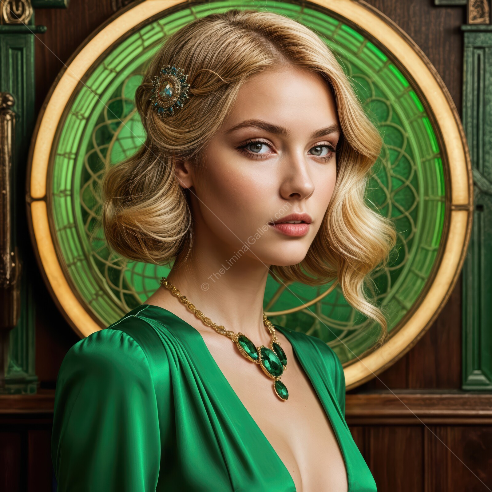 Elegant deco woman in a striking green outfit surrounded by vintage decor at an upscale setting
