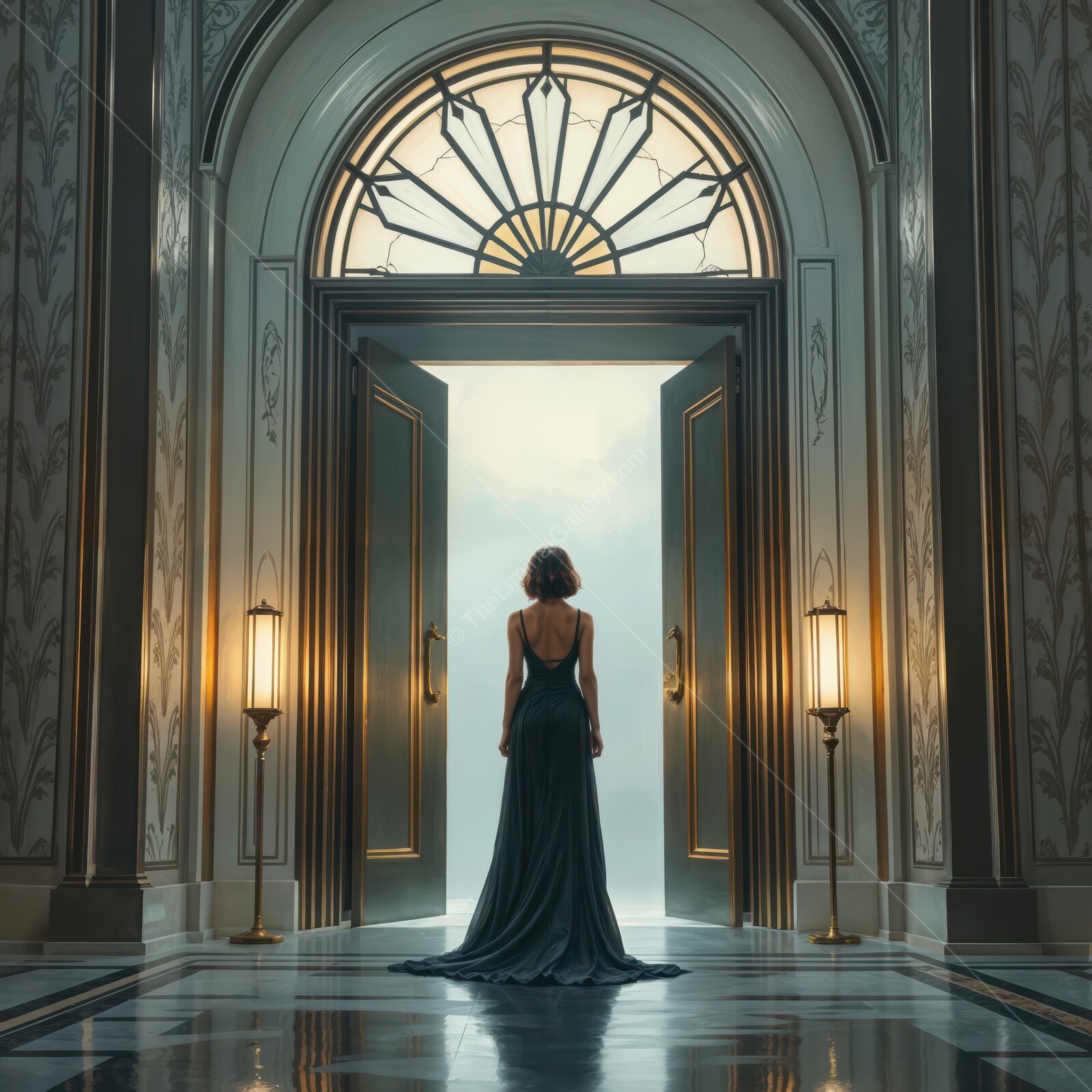 Elegant figure in a flowing gown stands poised before grand art deco doors leading to a mysterious light