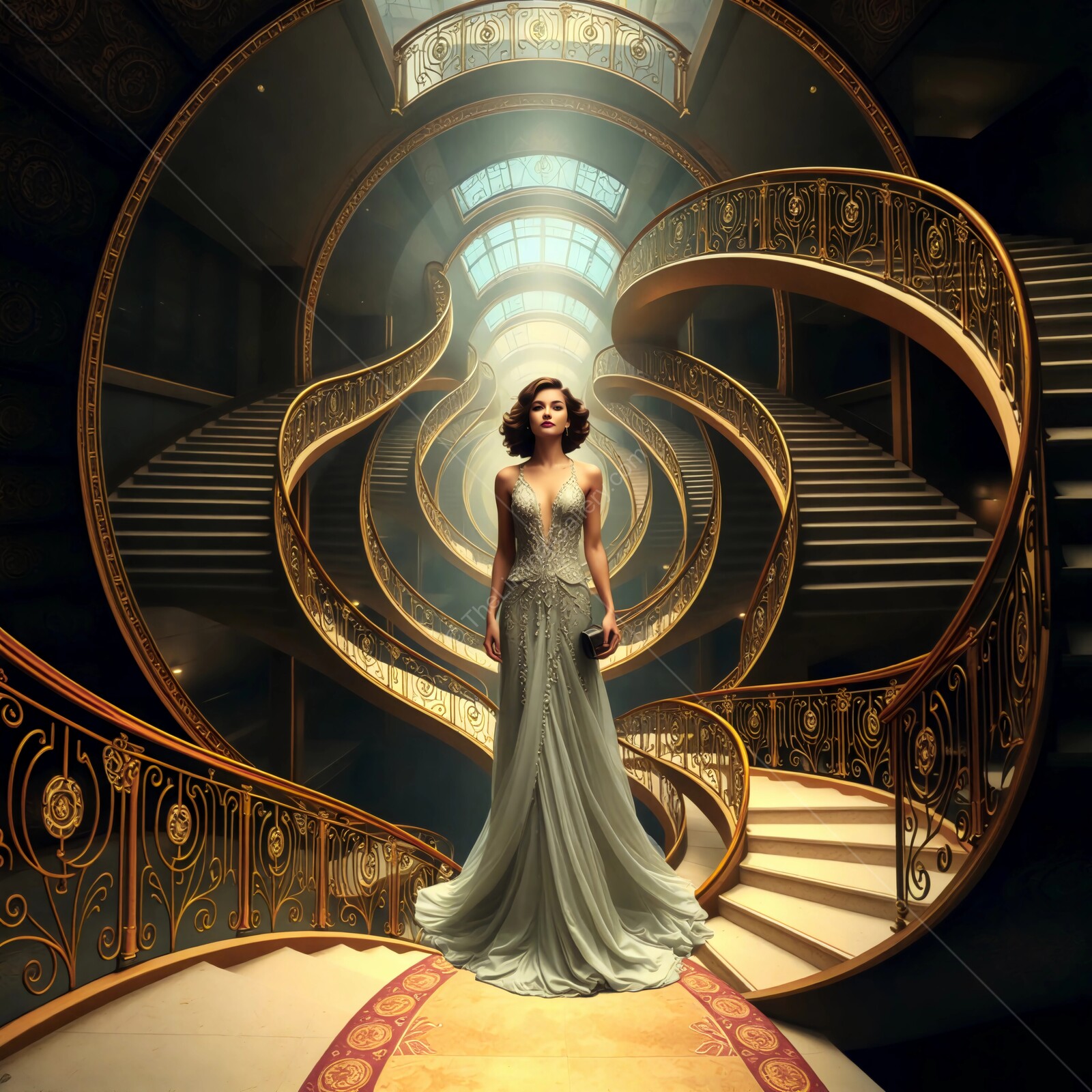 Elegant figure in a stunning dress poised in a grand, liminal spiraling staircase setting