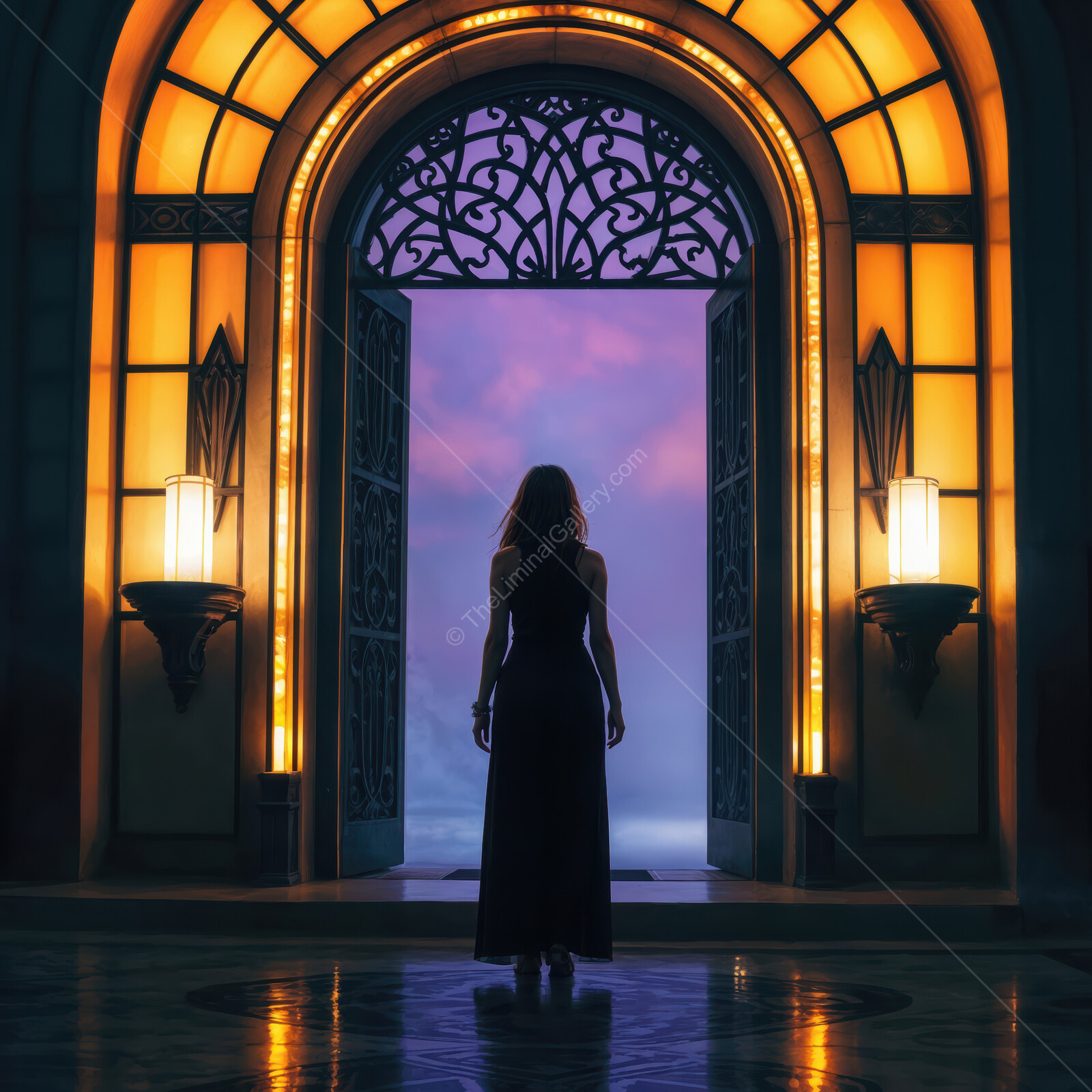 Elegant silhouette of a woman framed by ornate art deco doorways at twilight in a mysterious setting