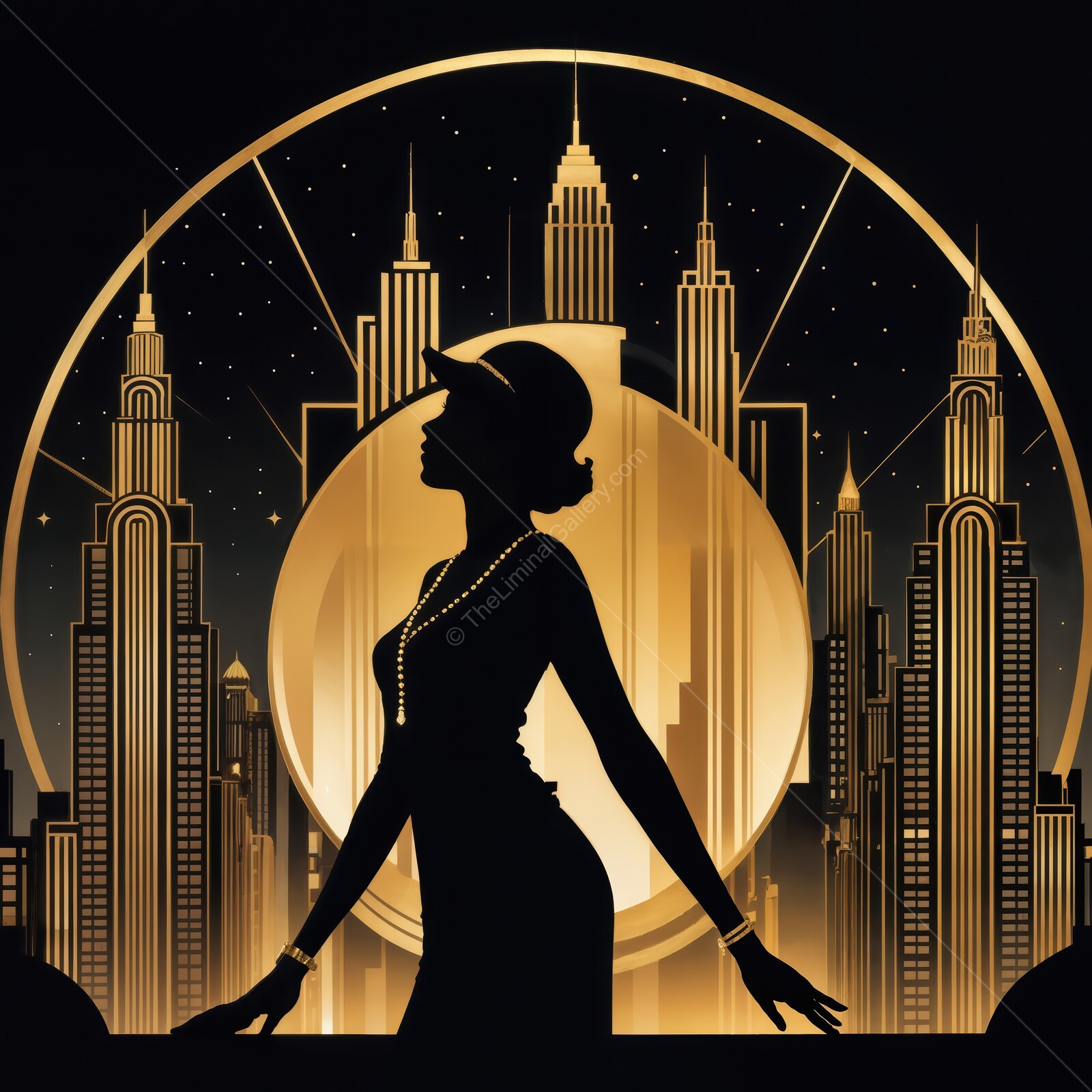 Elegant silhouette of a woman against a stunning art deco skyline at night