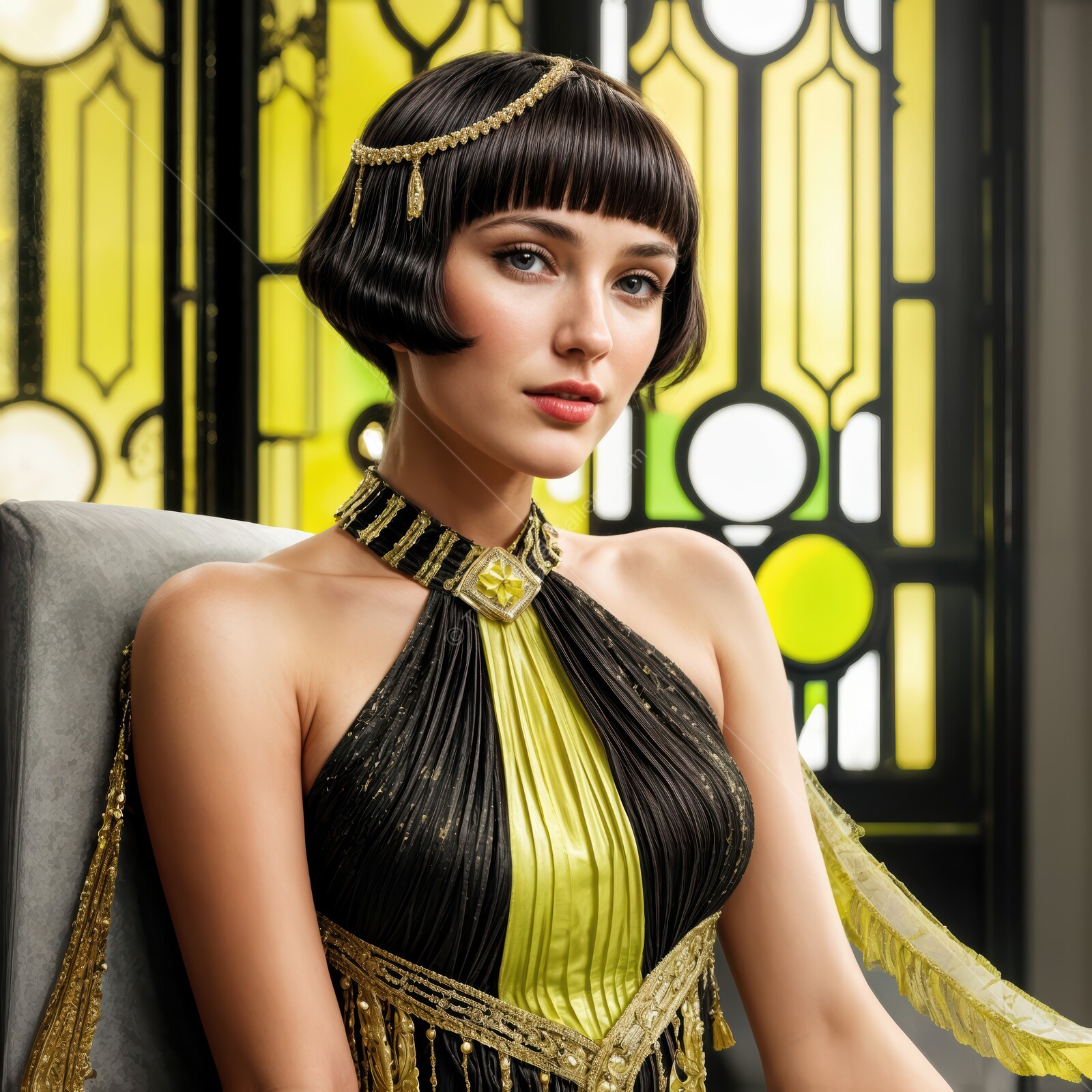 Elegant woman in vintage attire showcases timeless beauty in art deco setting