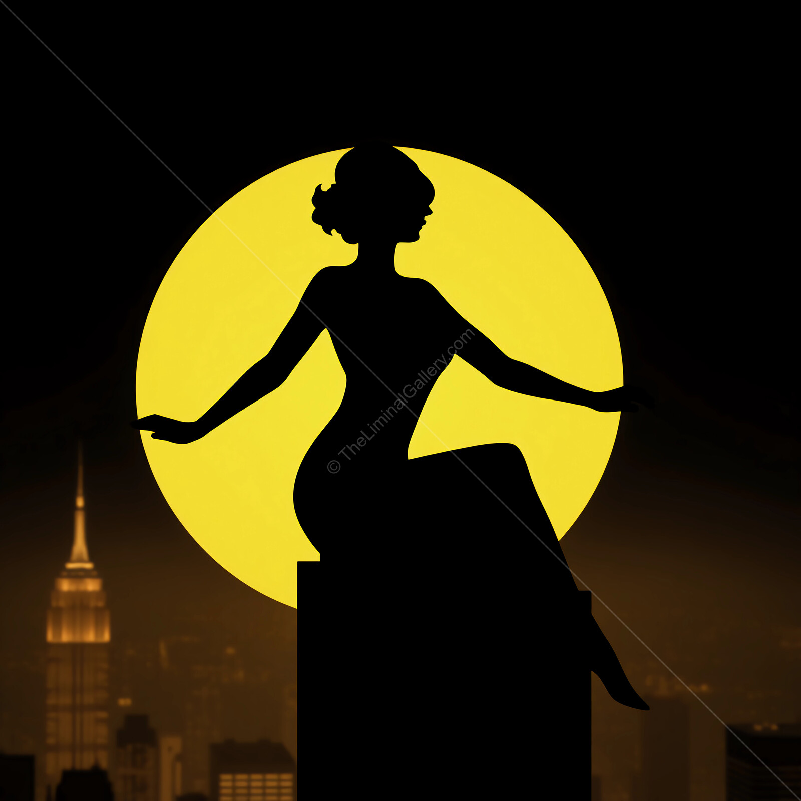 Silhouette of a graceful deco woman against a vibrant full moon in a city skyline at night
