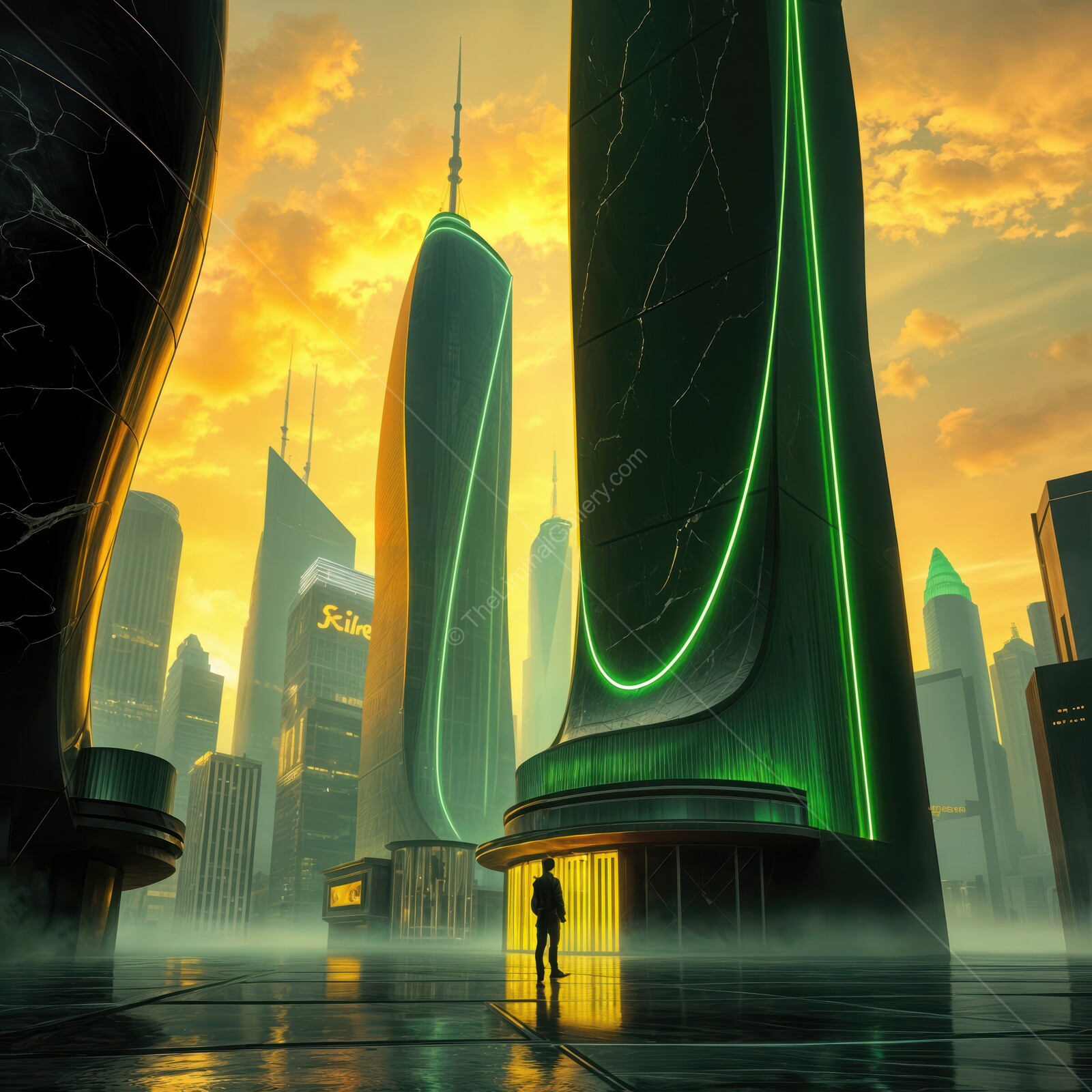 Futuristic art deco city skyline at sunset with luminous green towers and silhouette of a lone figure