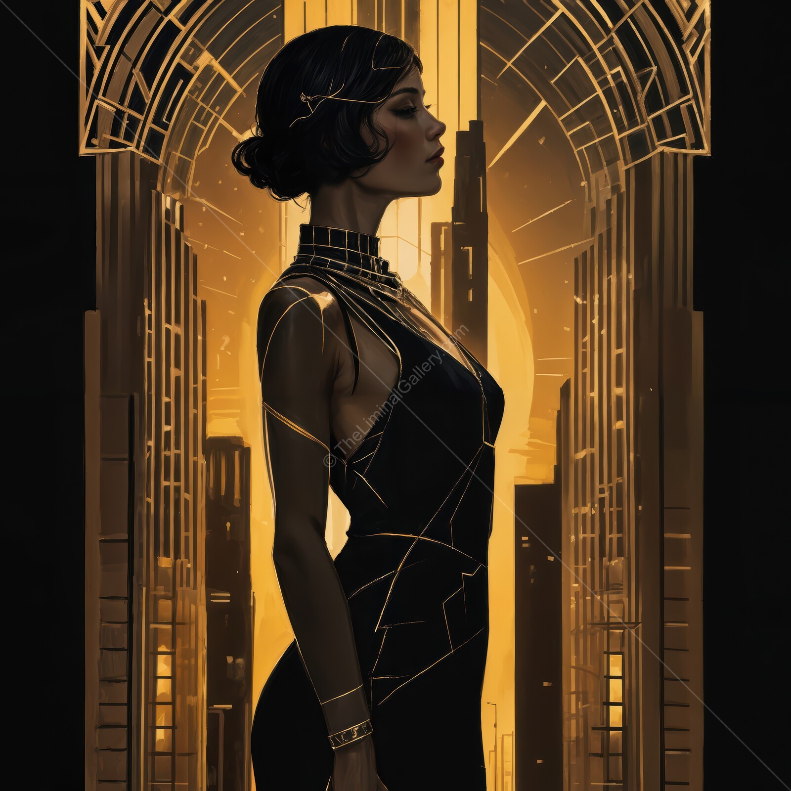 Elegant woman in a stunning art deco setting radiates grace and sophistication in golden hues