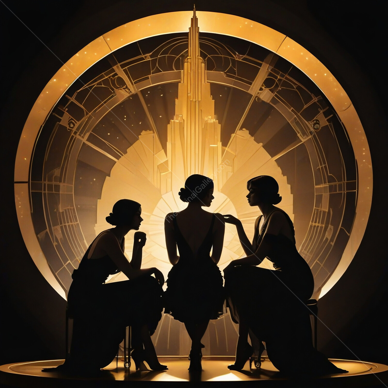 Elegant deco silhouettes of women in evening dresses converse against a vintage skyline backdrop