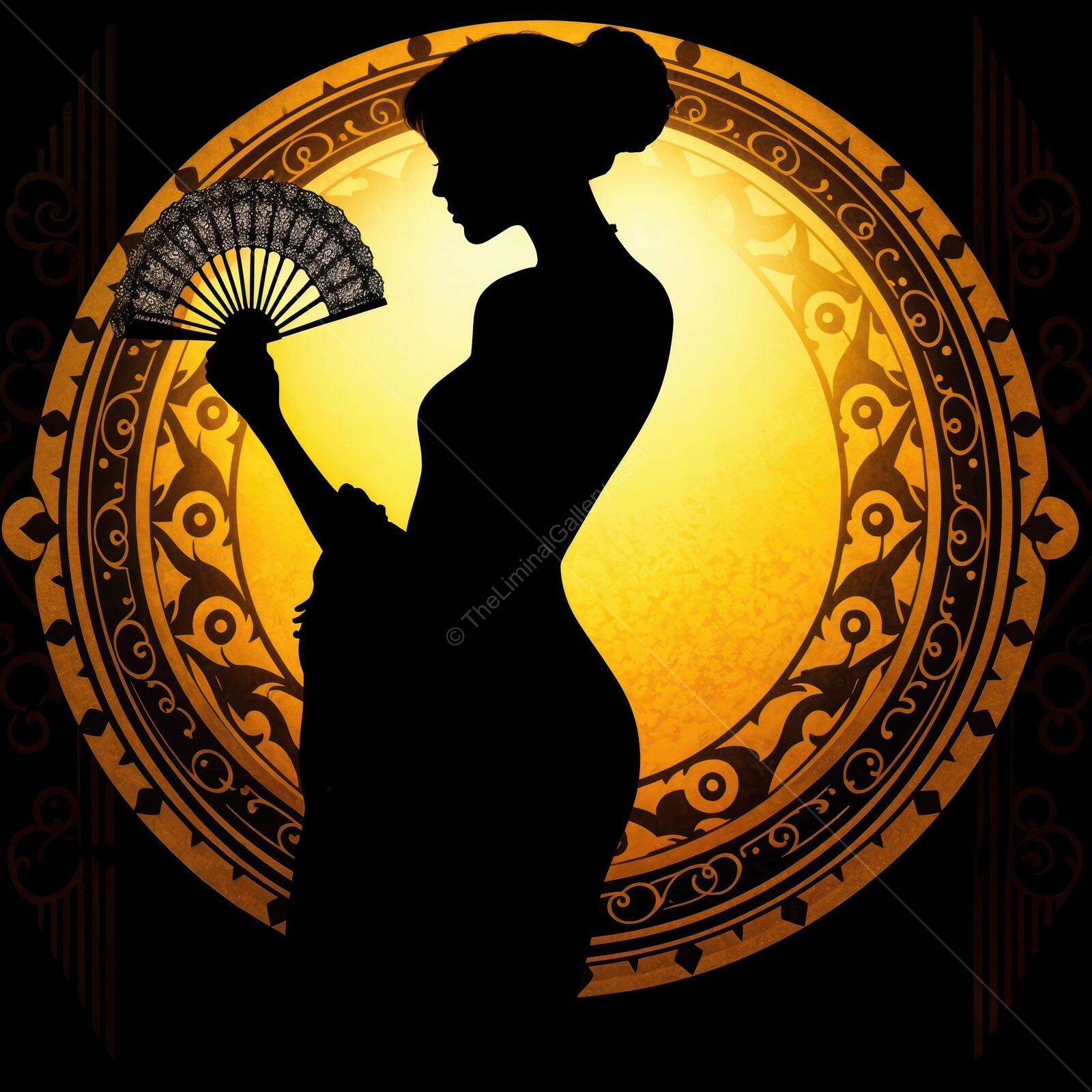 Silhouette of a graceful art deco dancer holding a fan against a glowing golden backdrop