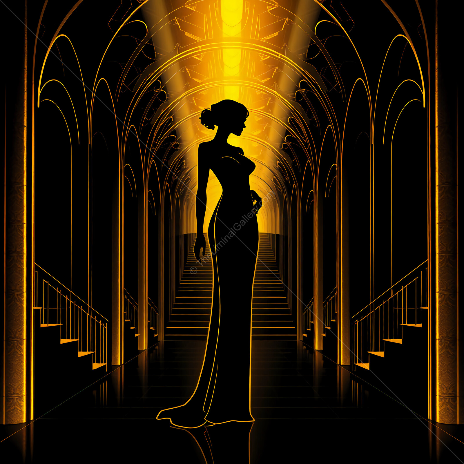 Elegance captured in silhouette amid golden light and grand architecture