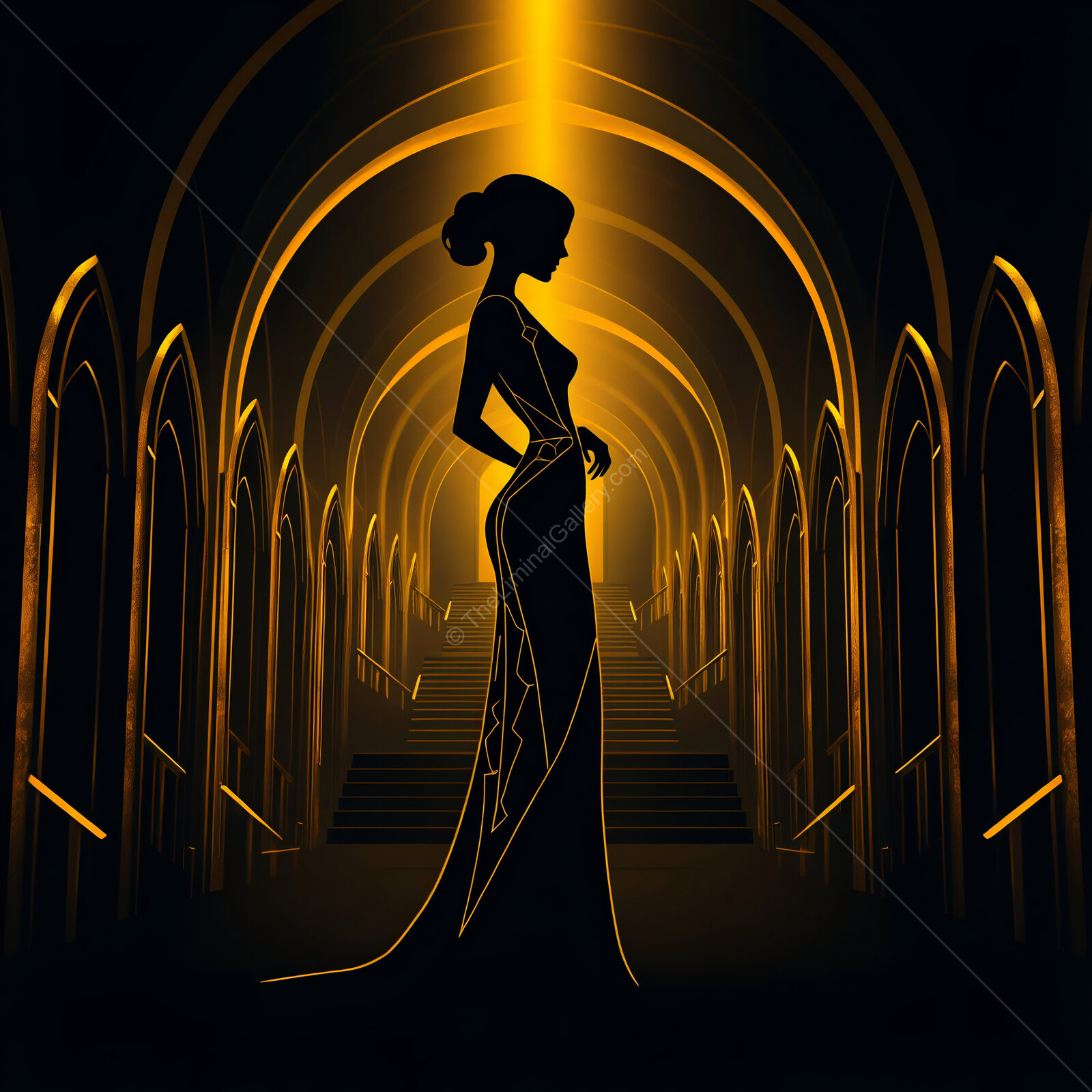 Art deco elegance shines in a grand hall illuminated by a golden beam of light at dusk