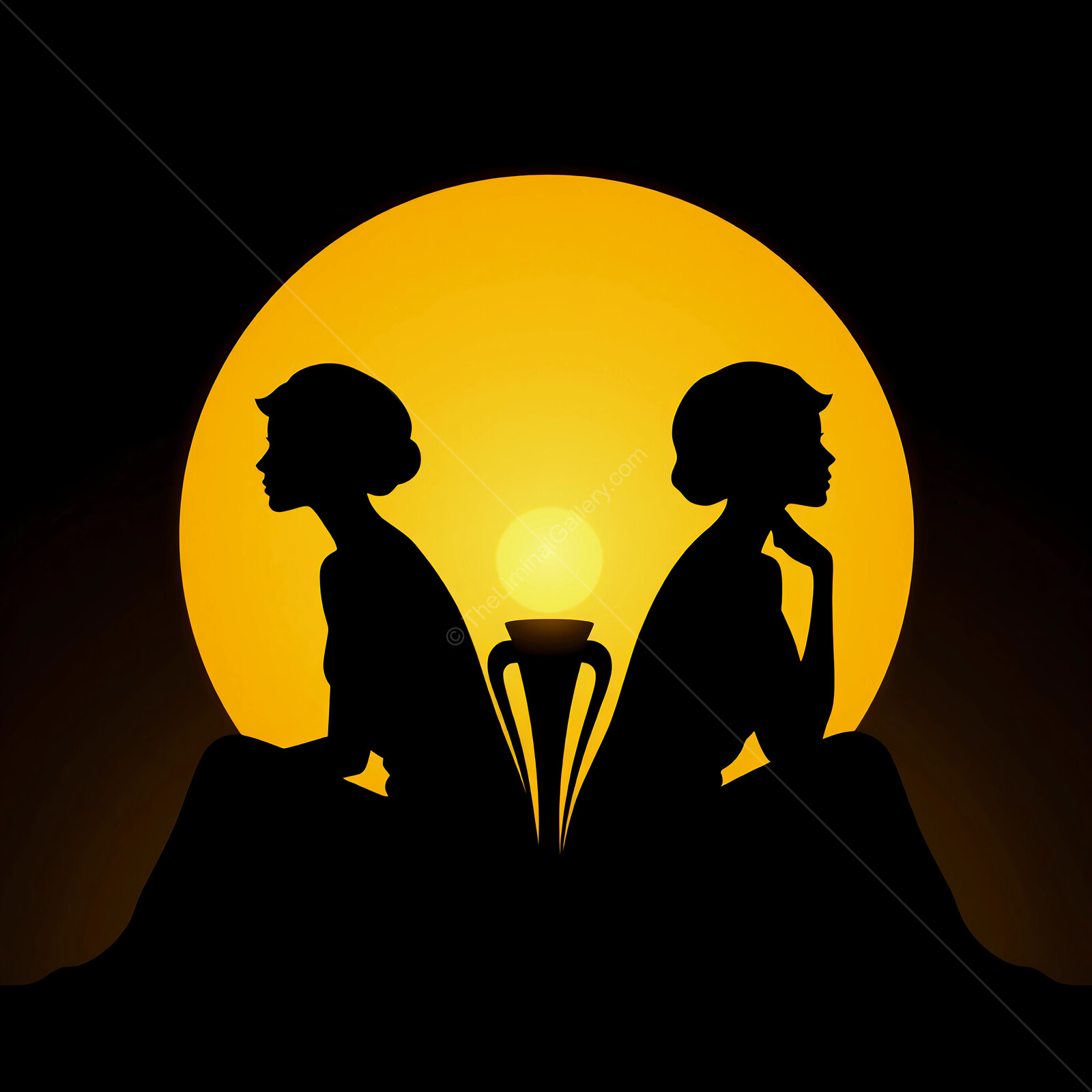 Art deco silhouettes in harmony under the glow of a golden moon at twilight