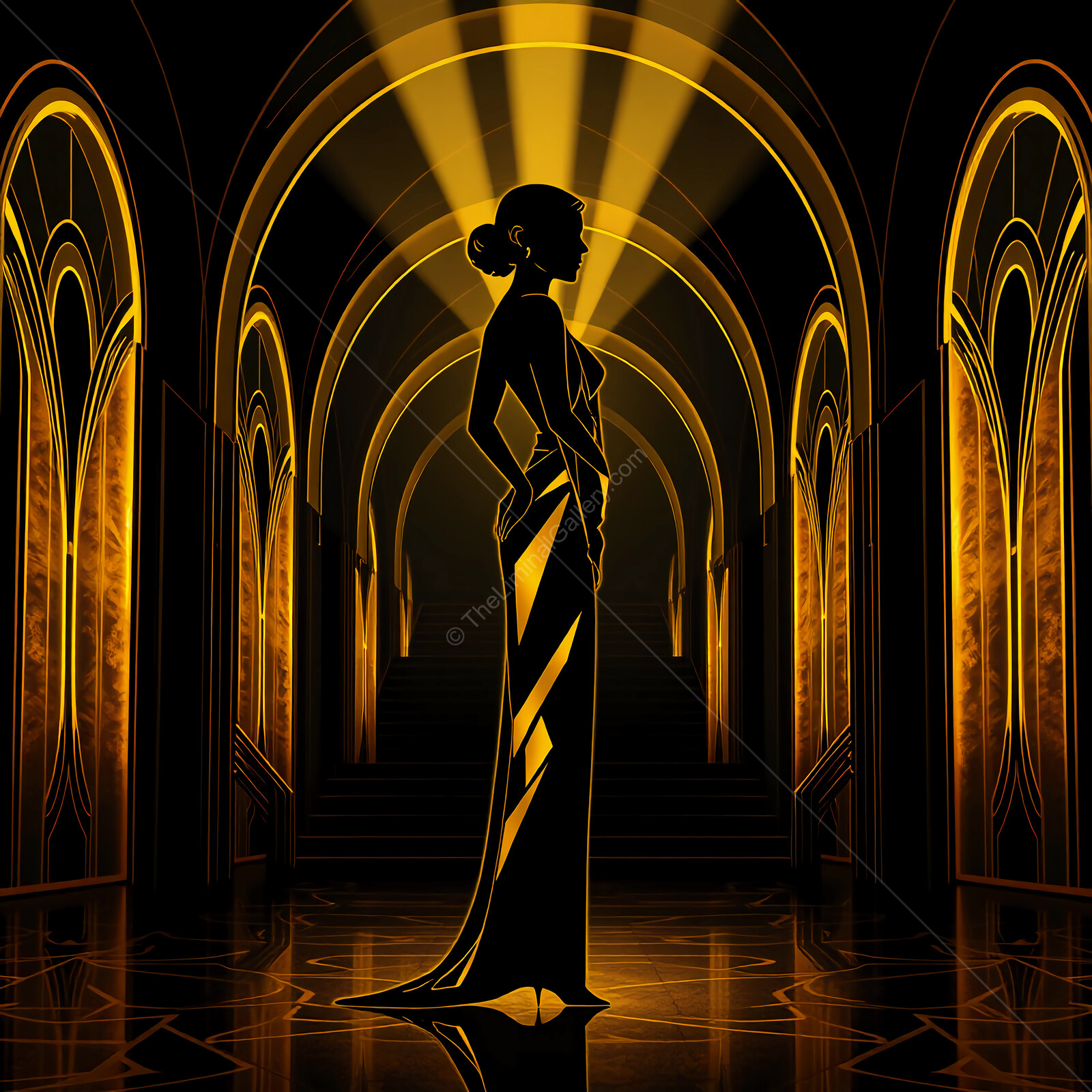 Elegant art deco silhouette of a woman in a glamorous gown surrounded by radiant golden arches