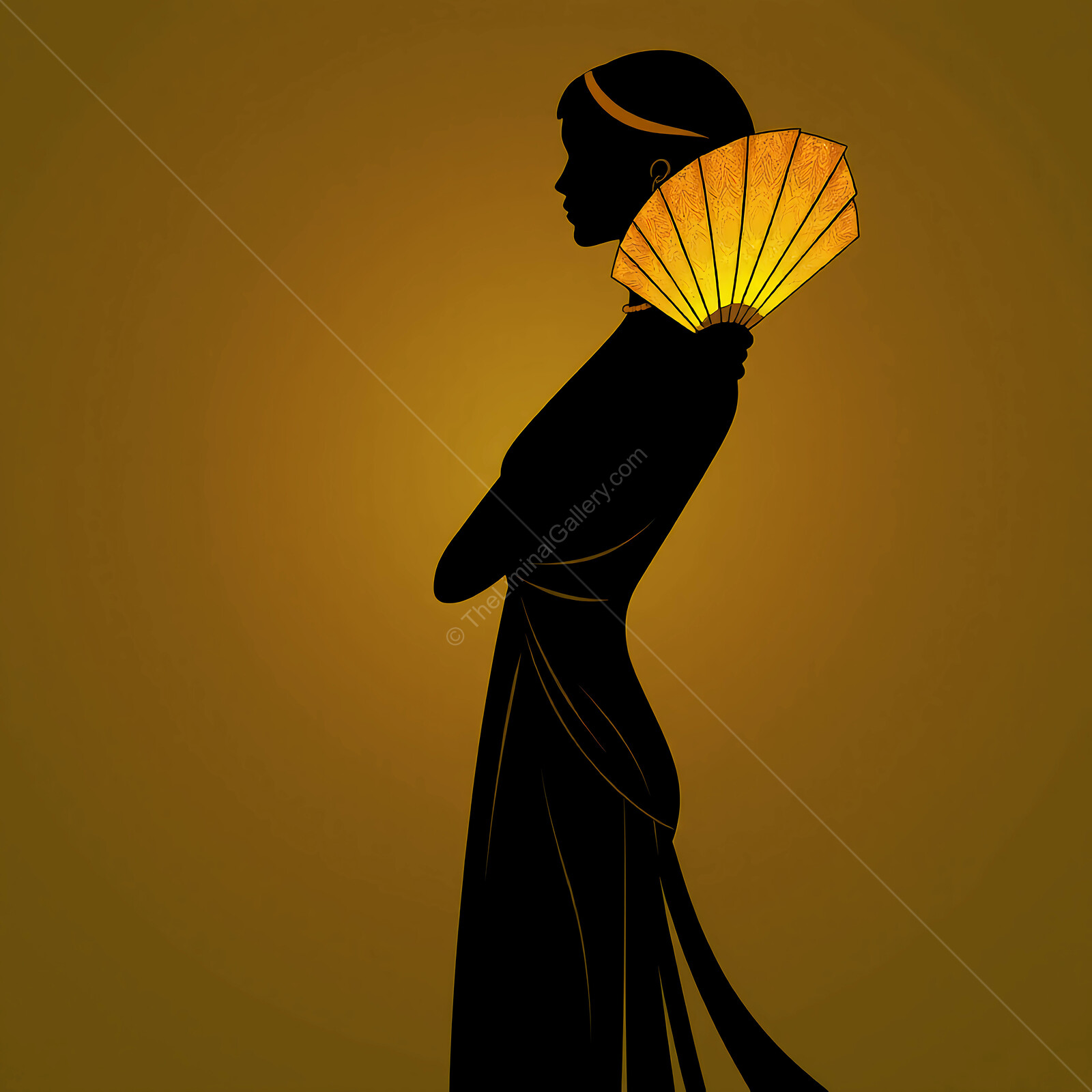 Elegant silhouette of a woman with a fan against a golden background showcasing timeless grace and beauty