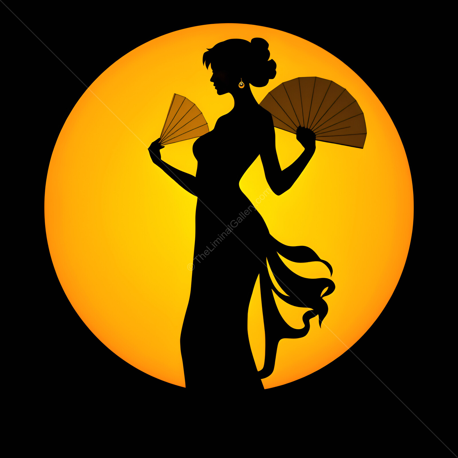 Graceful deco dancer celebrating culture with fans against a vibrant sunset backdrop