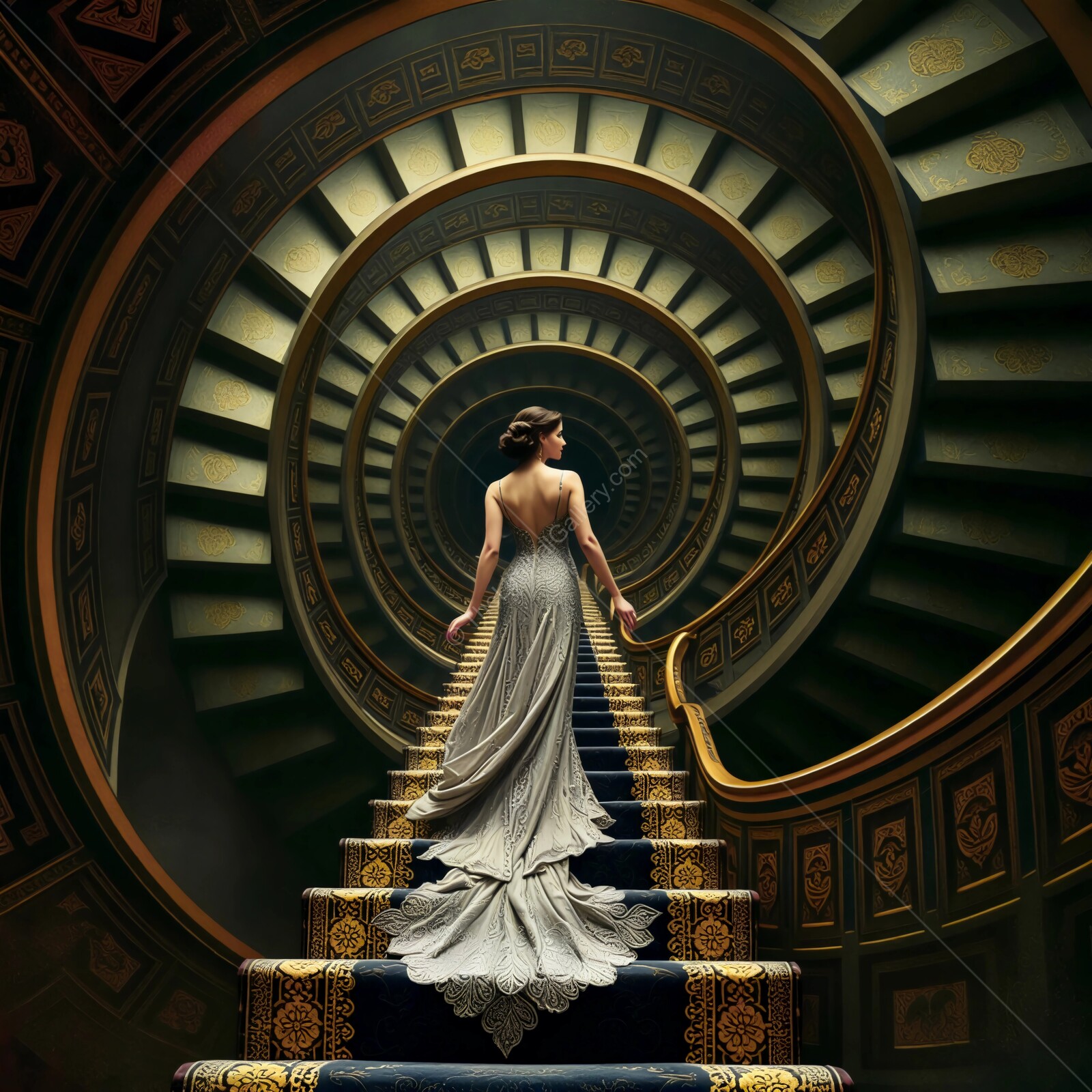 Elegance unfolds as a graceful figure ascends a warped spiraling staircase adorned with ornate patterns