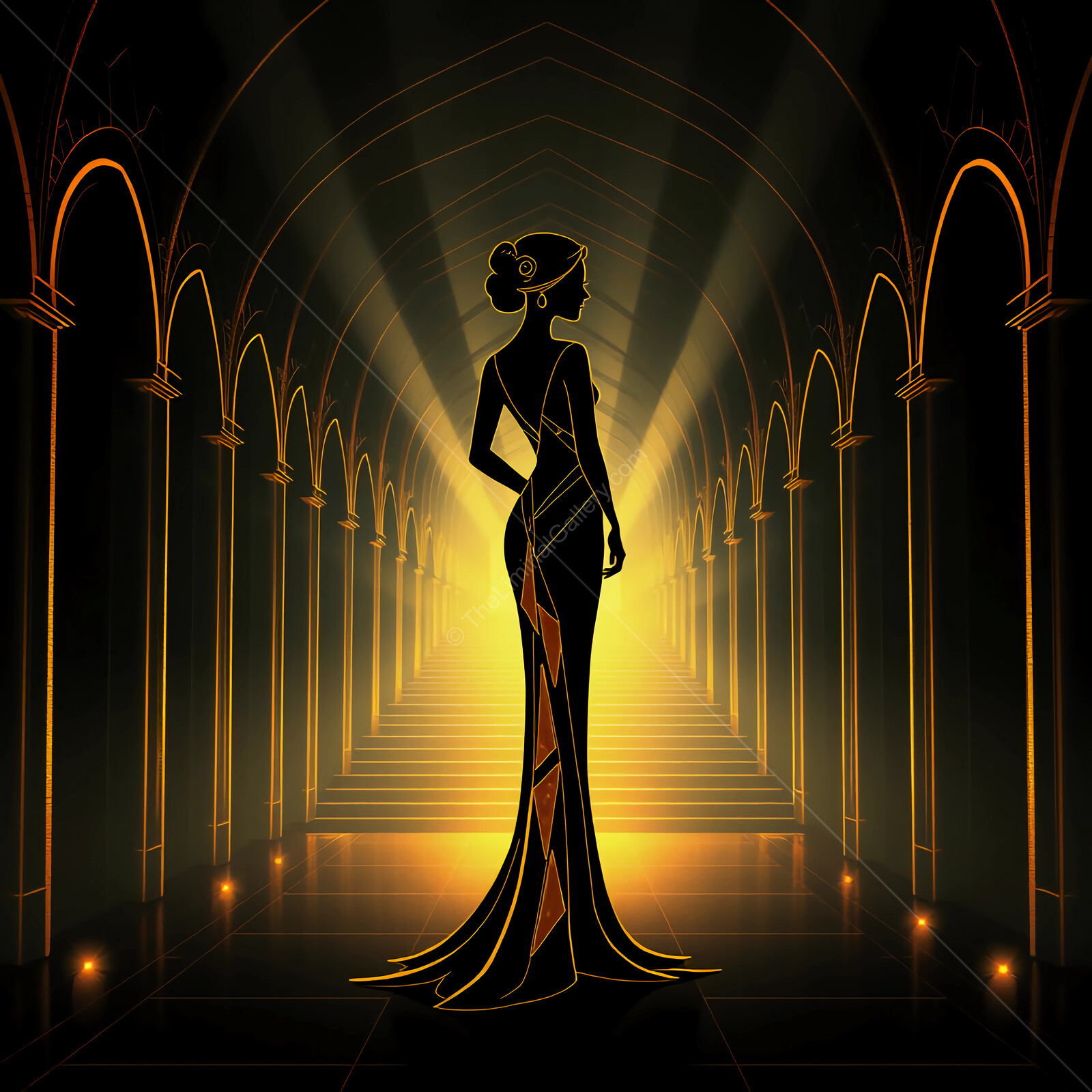 Graceful art deco silhouette of a woman in a stunning gown illuminated by golden lights in an elegant corridor