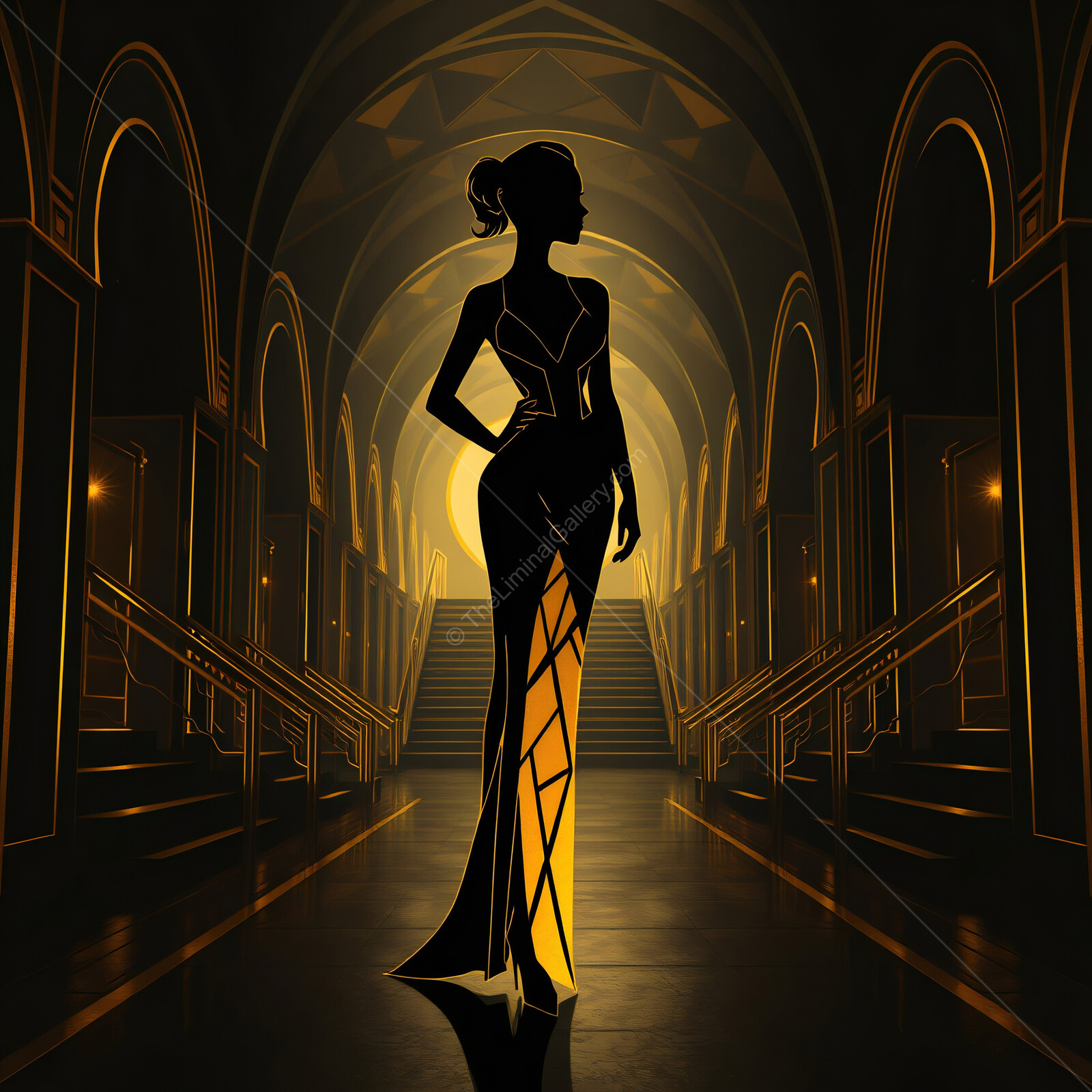 Captivating art deco silhouette of a graceful figure illuminated in an opulent hall during a grand evening event