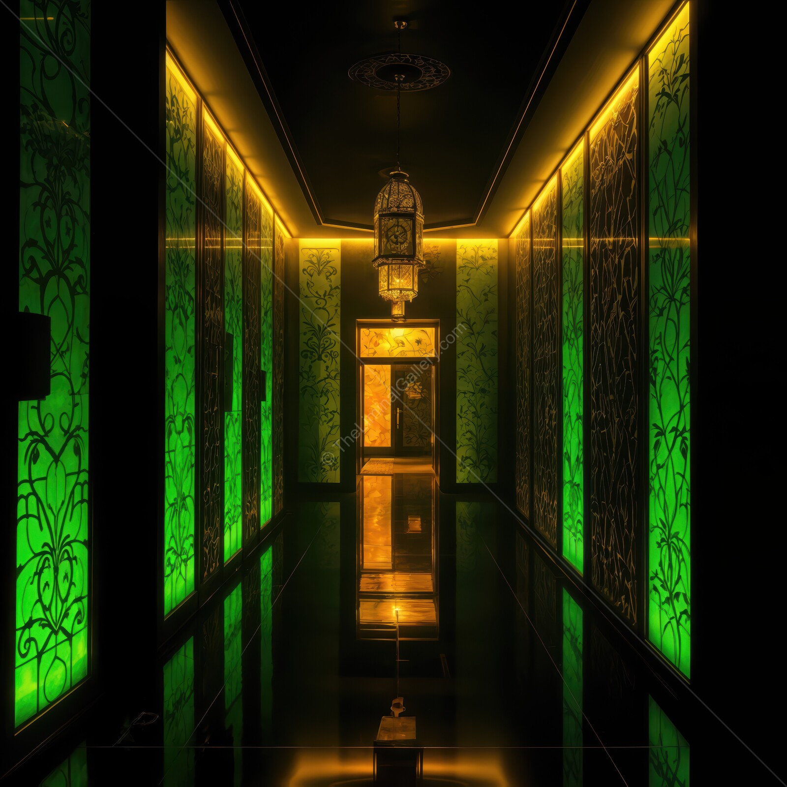 Illuminated art deco corridor with vibrant green panels and elegant lighting in a luxurious setting