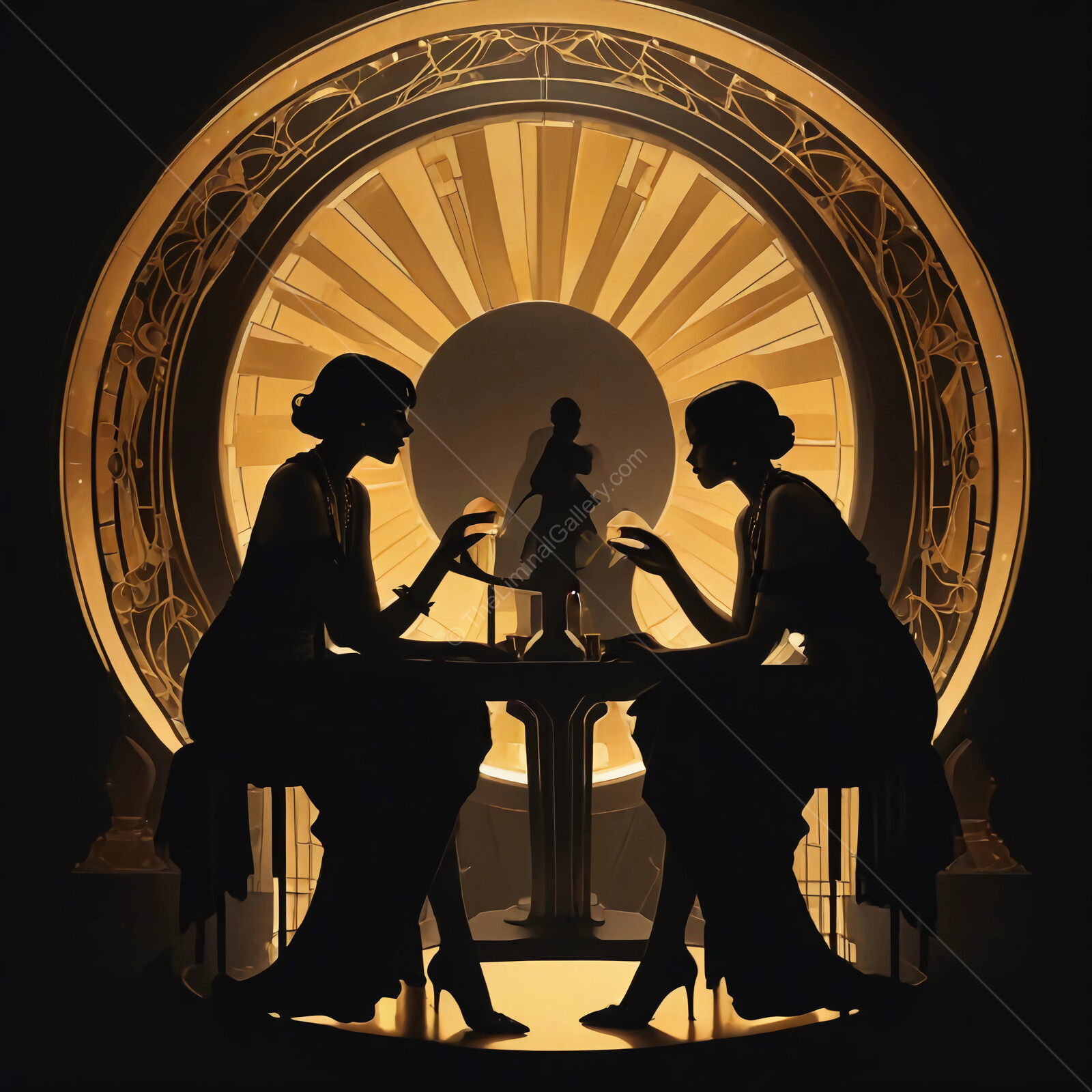 Intimate conversation between two deco women at dusk in an art deco inspired setting
