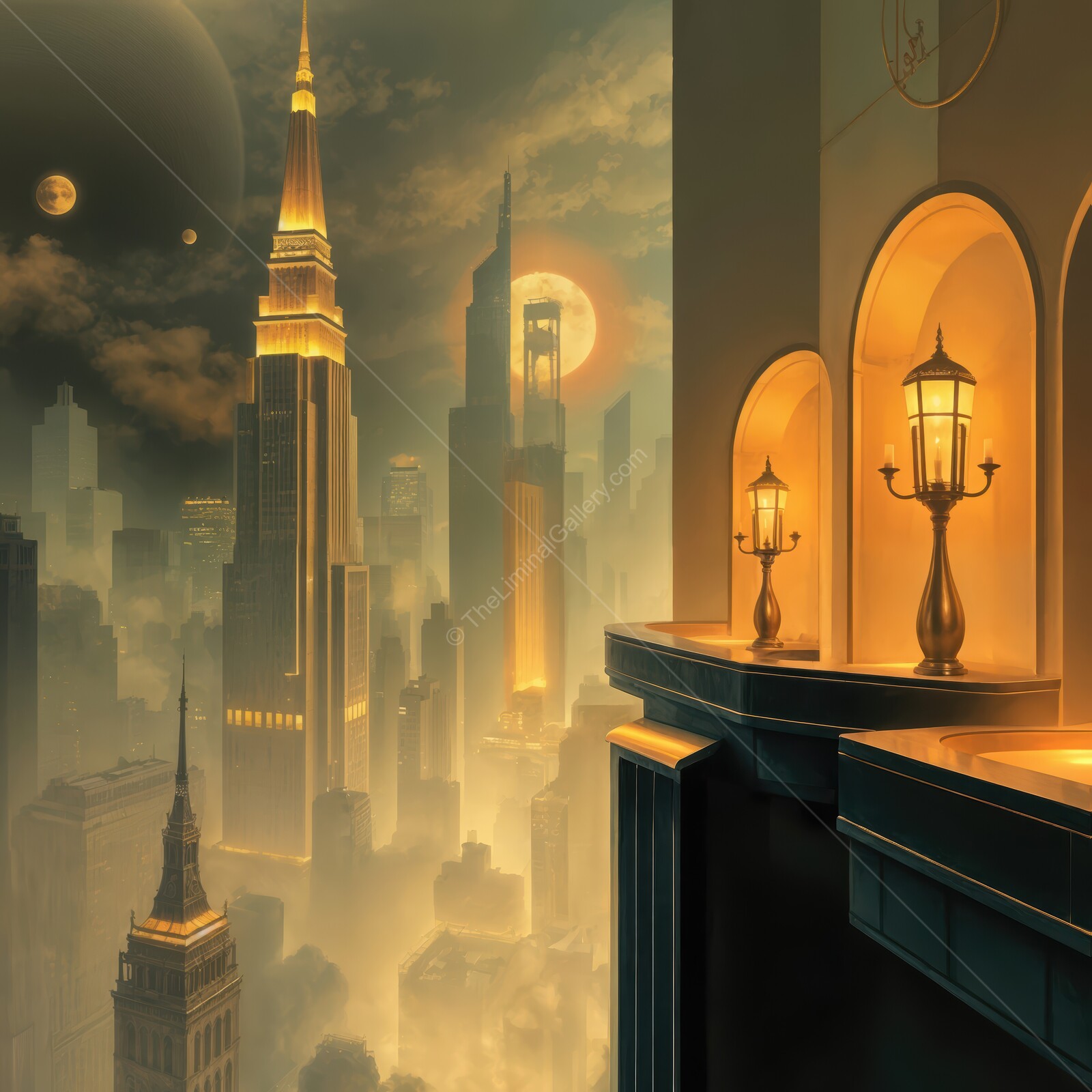 Majestic art deco sunset over a futuristic city skyline with glowing lanterns and towering buildings
