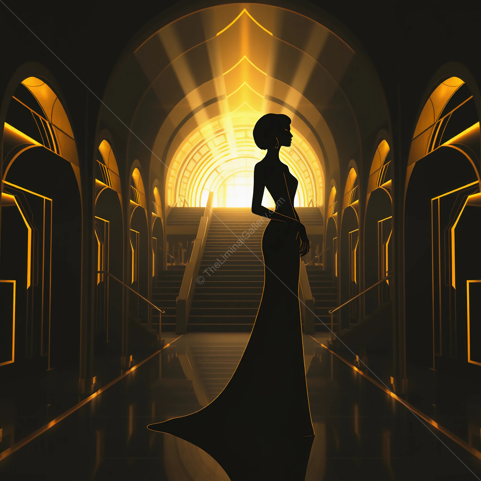 Deco elegance unfolds in the golden glow of an ornate hall filled with shining arches and staircases