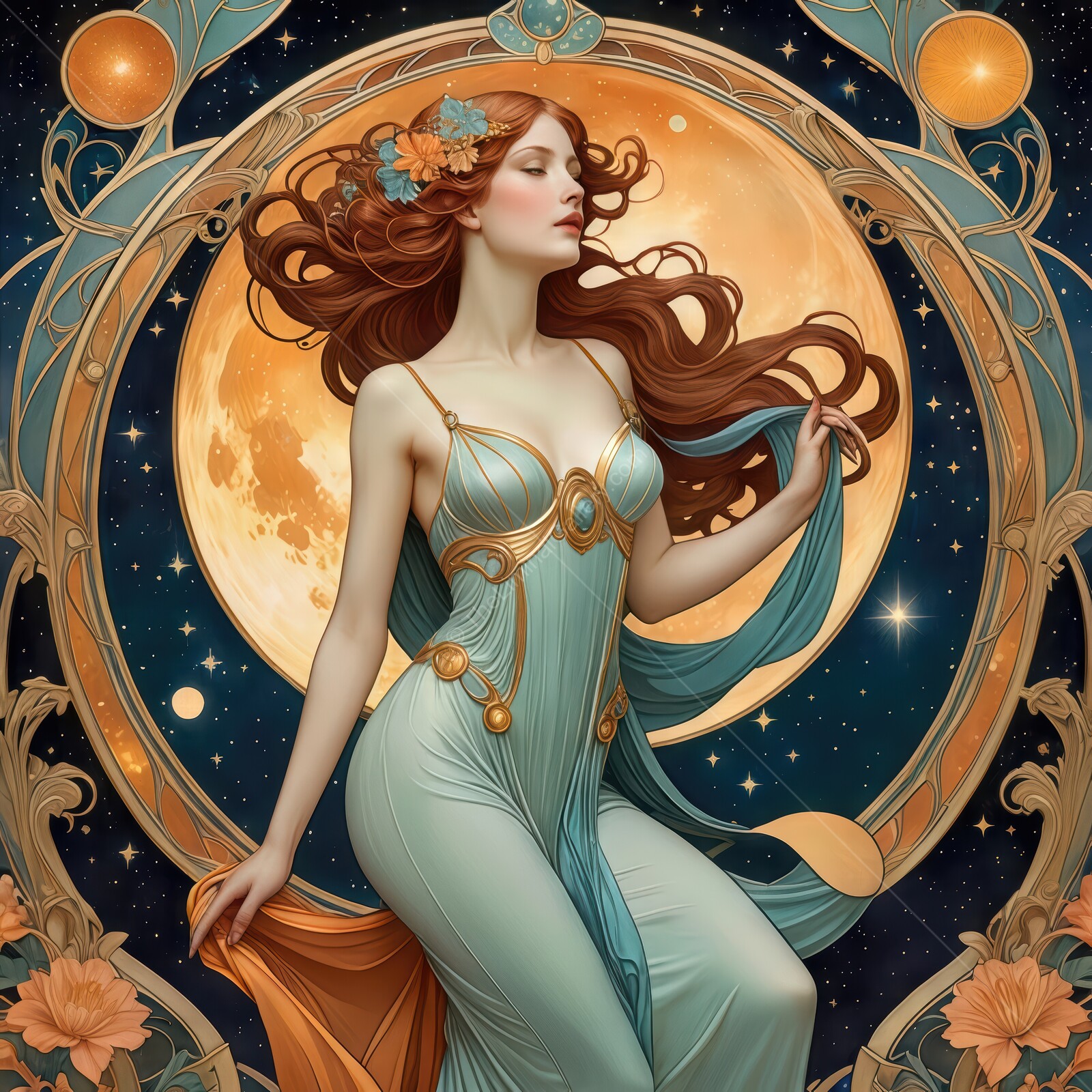 Enchanting maiden dances under a luminous moon, surrounded by floral elegance and cosmic beauty