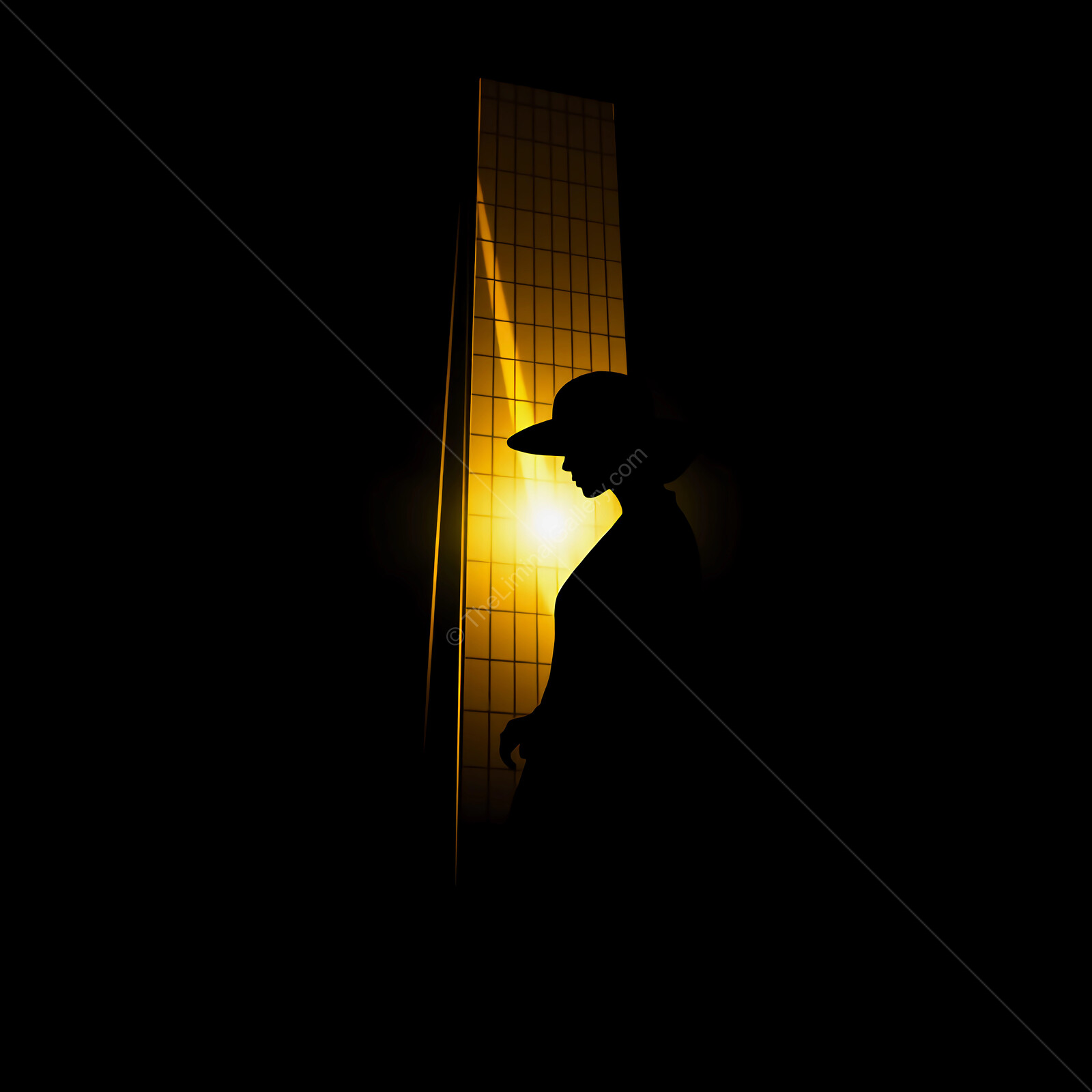 Elegant deco silhouette captured against warm light in a dimly lit urban corridor
